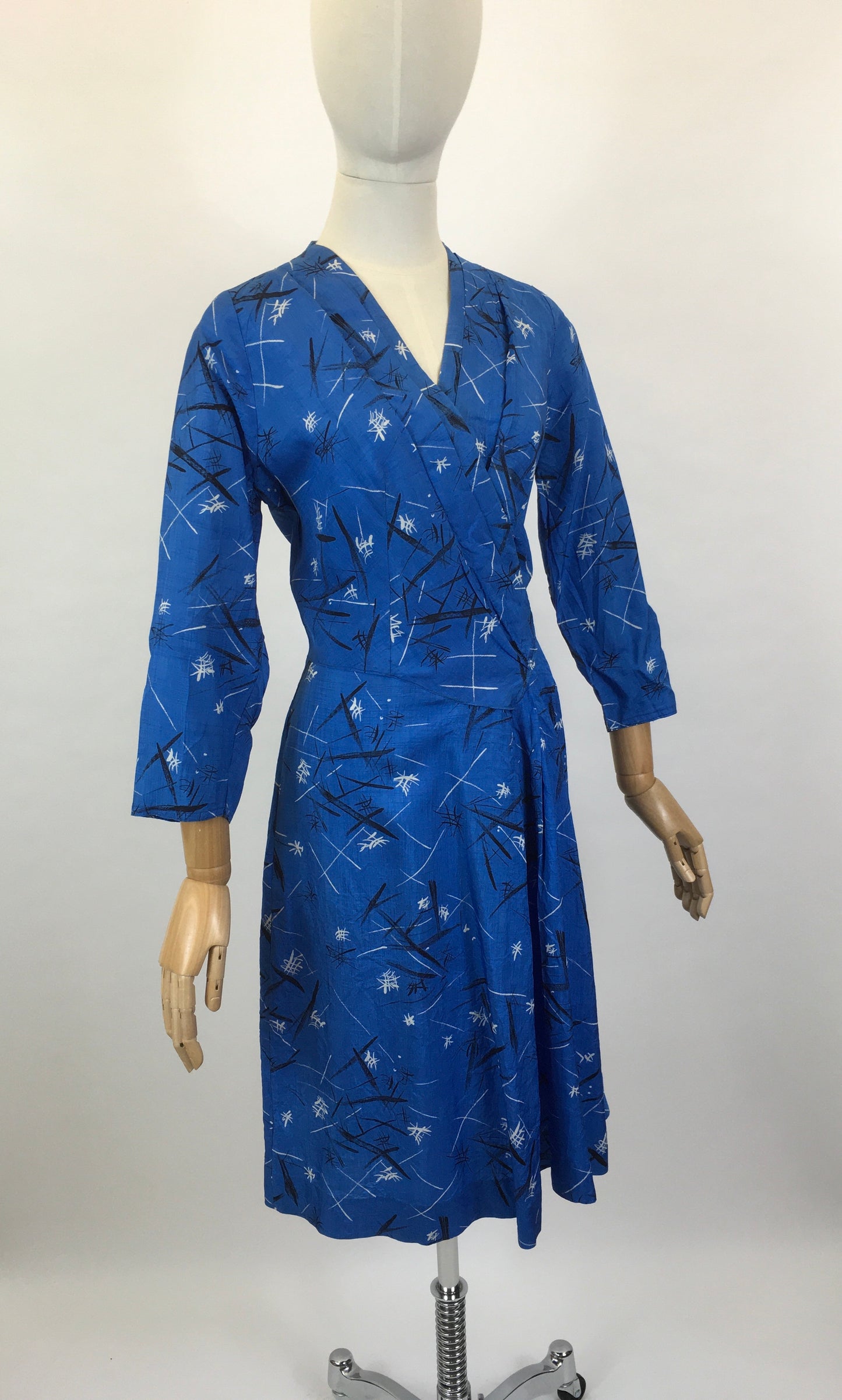 Original 1950’s Fabulous Blue Frock - In An Abstract Print Silk Sateen