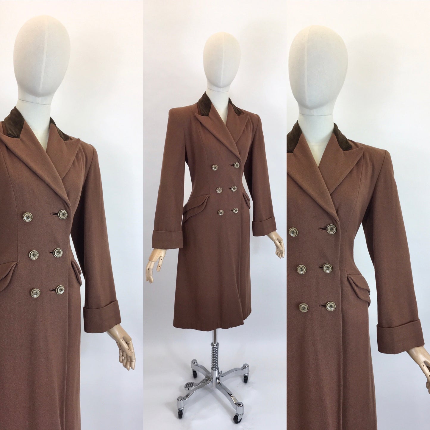 Original 1940’s SENSATIONAL Brown Wool Coat - With A Beautiful Rich Brown Velvet Trim