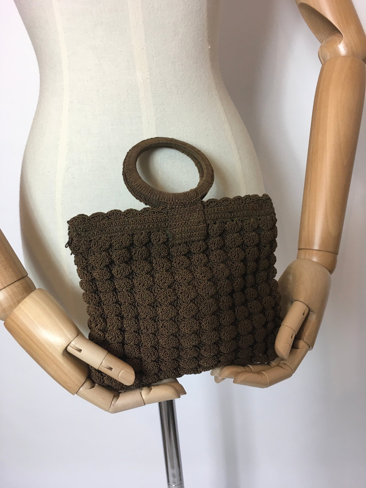 Original 1930’s Brown Popcorn Crochet Handbag - Festival of Vintage Fashion Show Exclusive