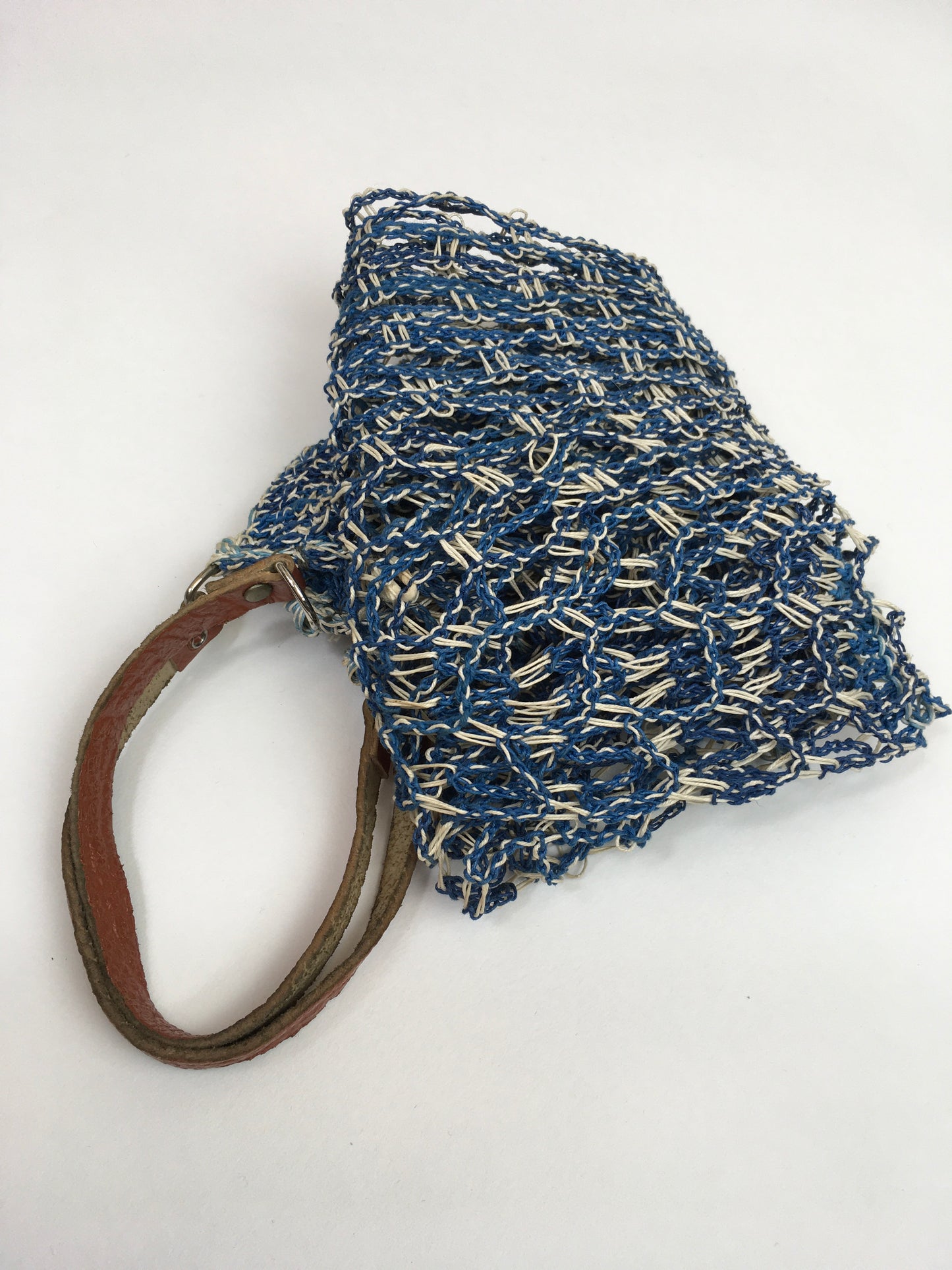 Original 1930’s / 1940’s Blue and White String Bag with Leather Handles - A Fabulous Piece Of Nostalgia