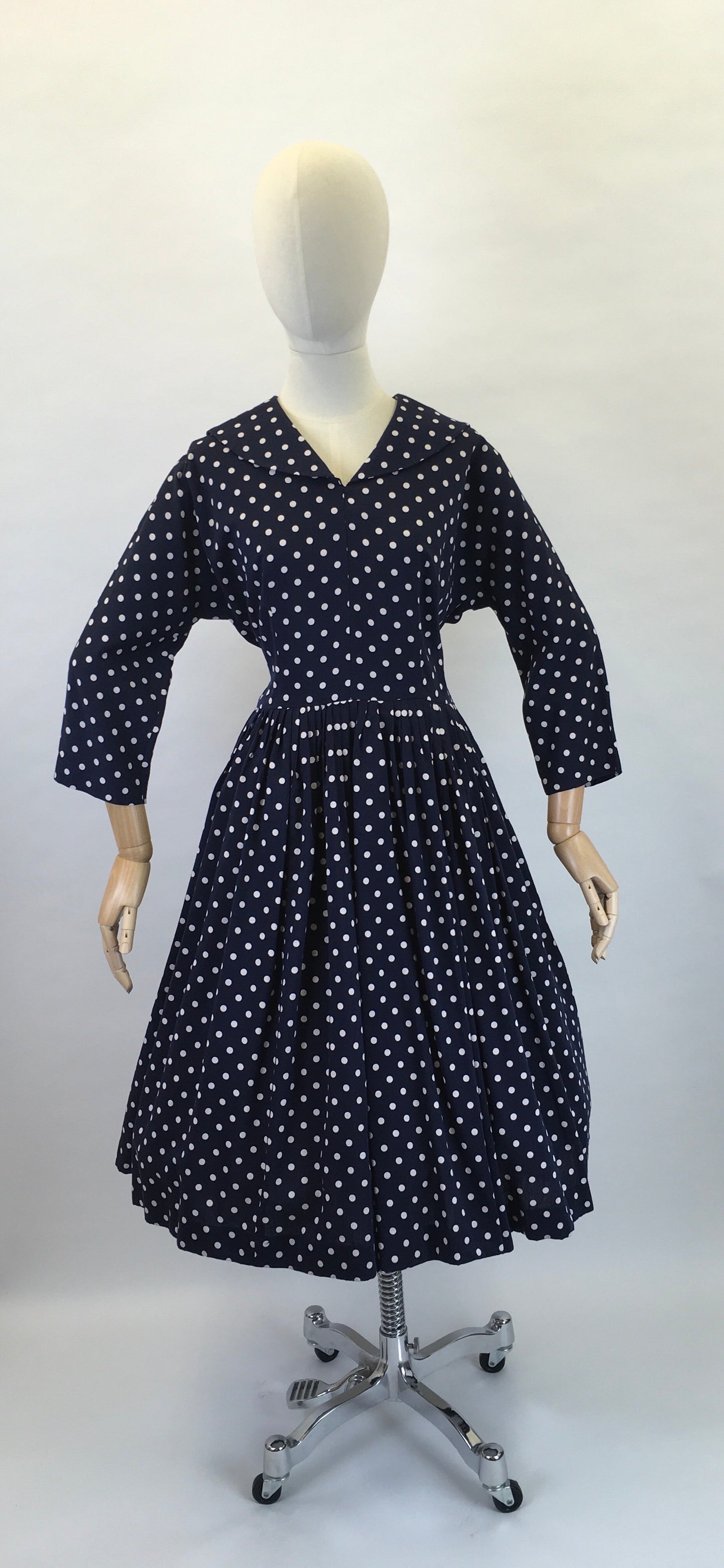 Original 1950s Lightweight Cotton Day Dress - In a Fabulous Deep Navy Polka Dot