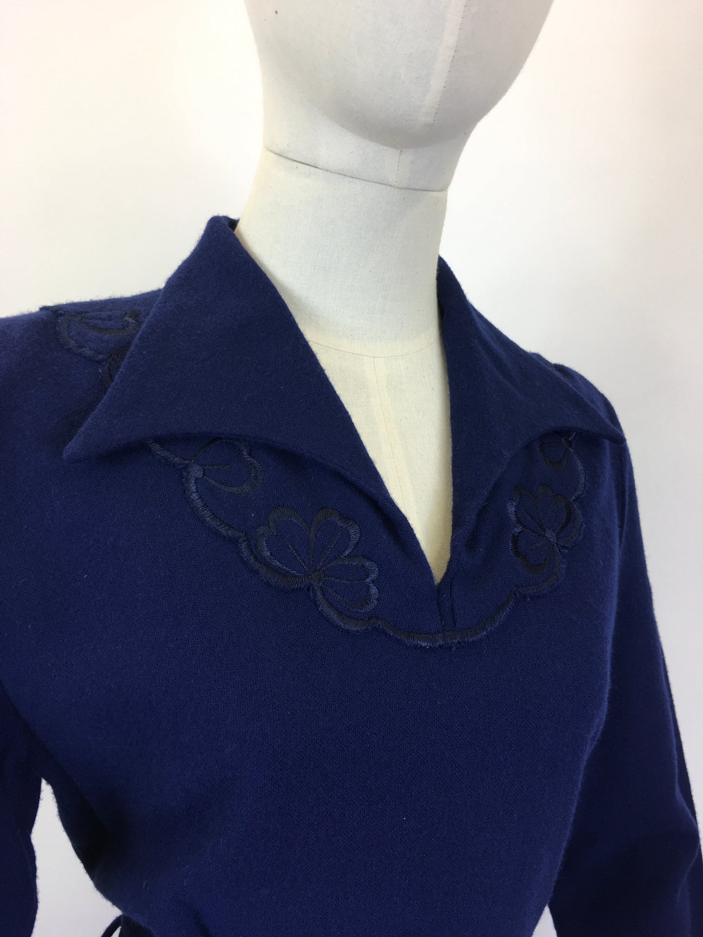 Original 1940's Sensational CC41 Utility Wool Dress - In A Royal Blue with Floral Embellishment