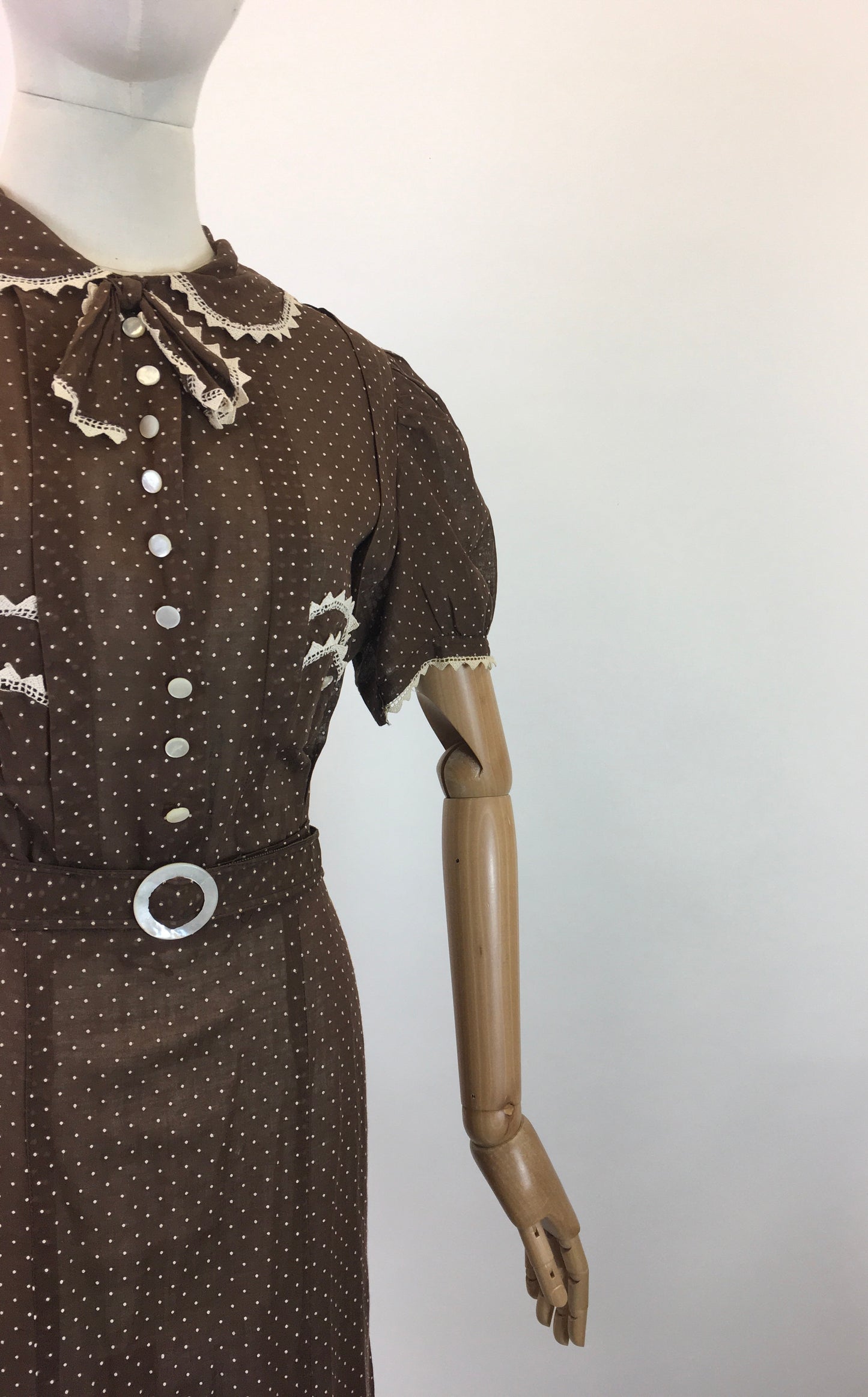 Original 1930's Darling Cotton Lawn Dress - In A Brown & White Polka Dot