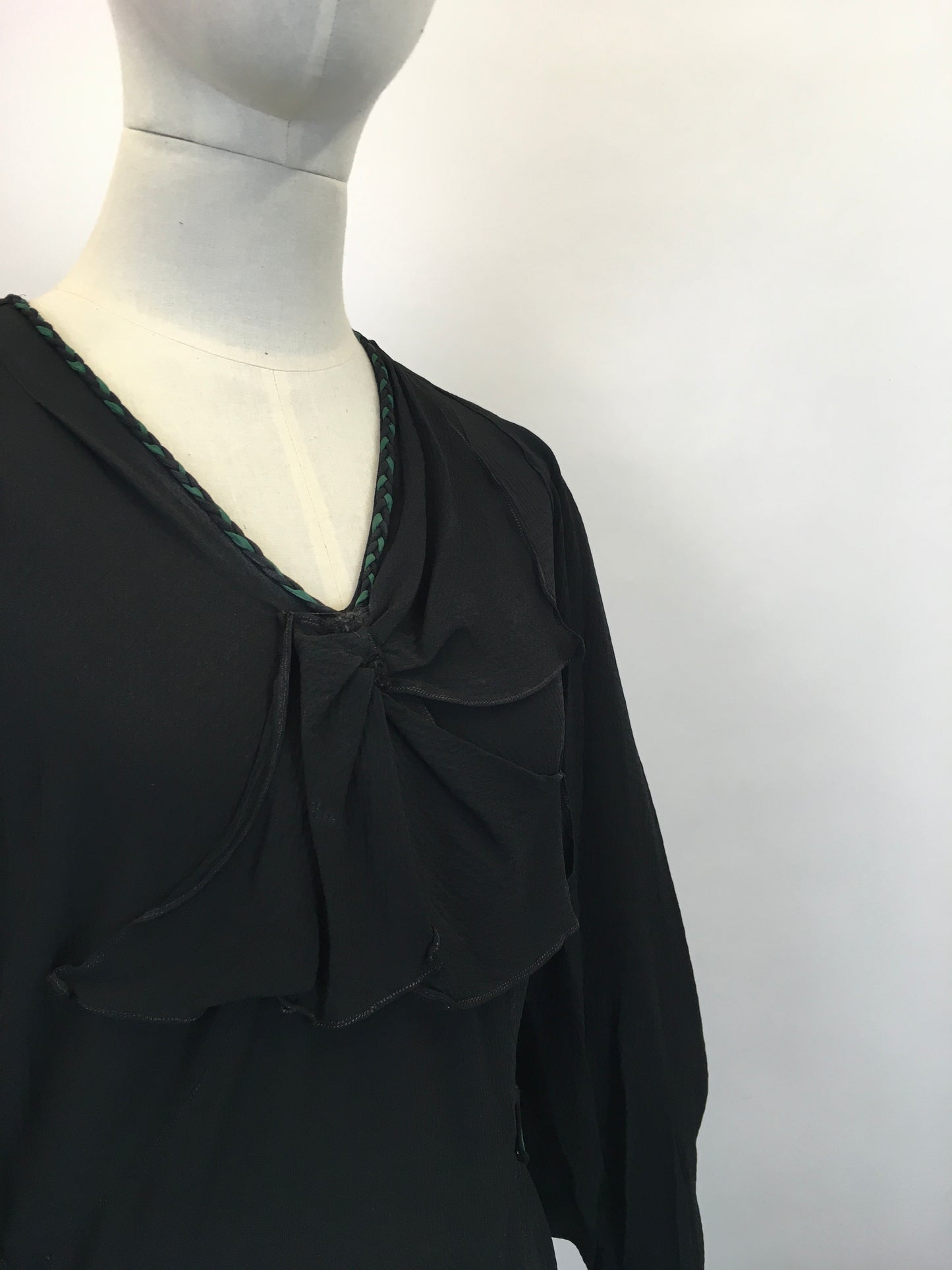 Original 1930's Sensational Evening Dress in Sheer Crepe - In Inky Black with Bottle Green Accents