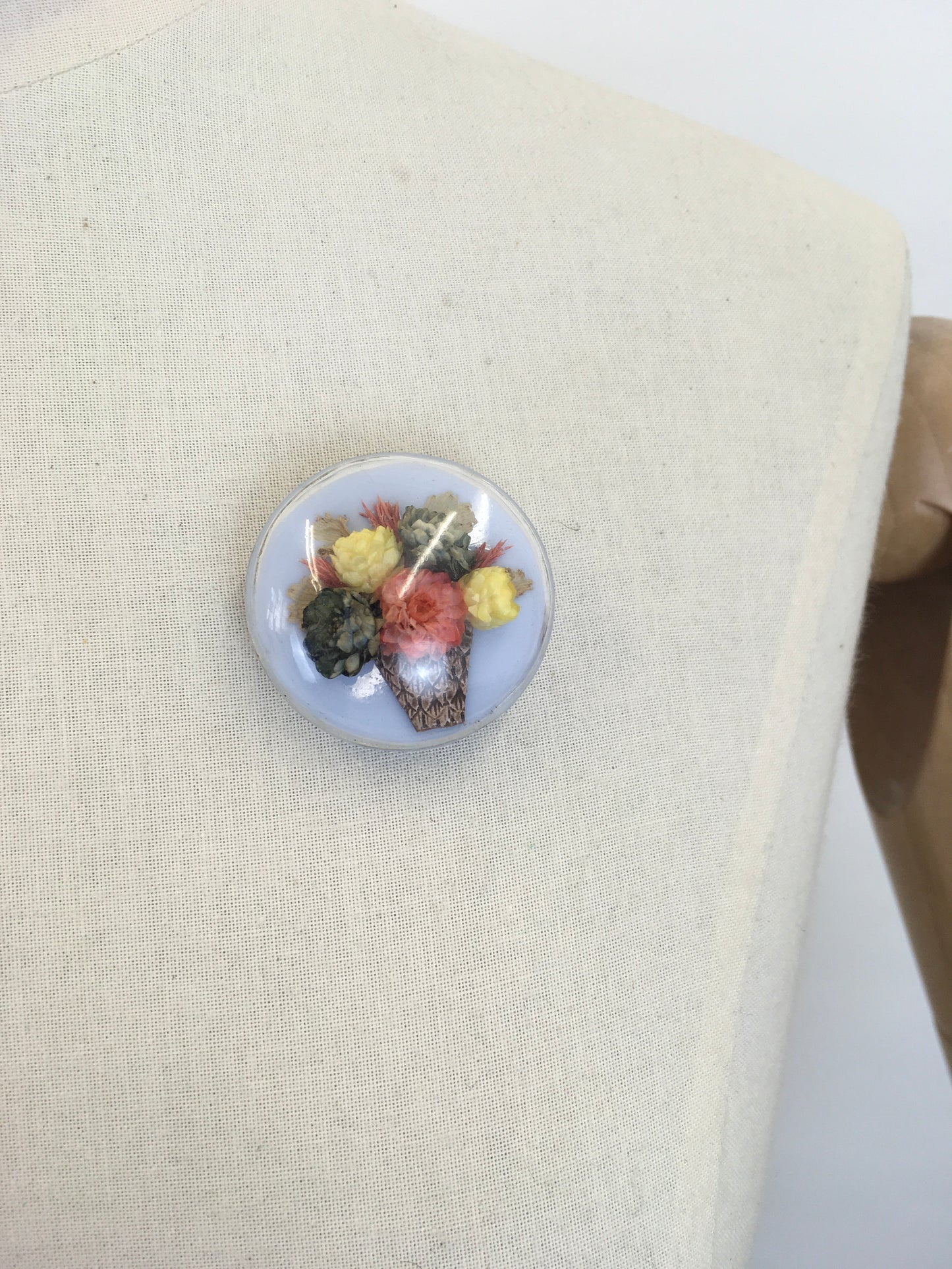 Original 1940s Lucite Brooch With Dried Flower Basket - In Lovely Soft Pastels
