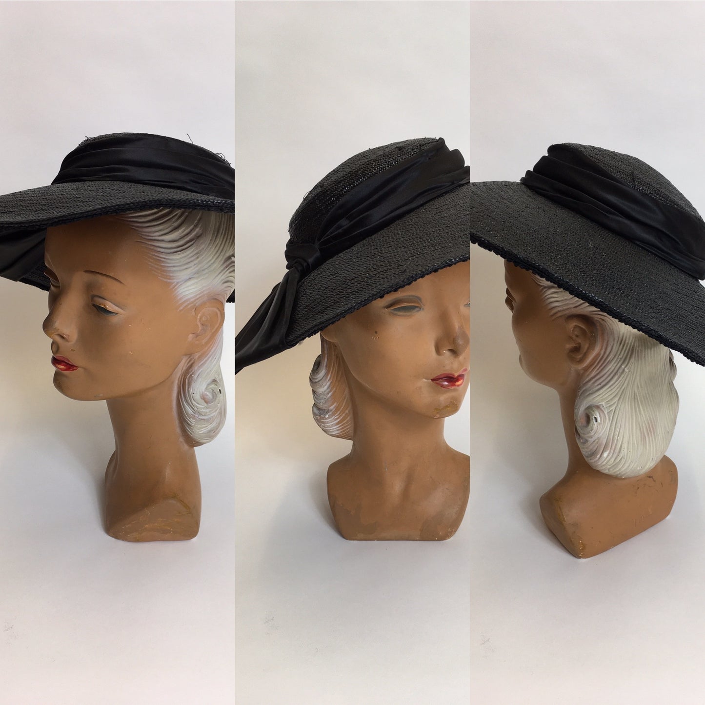 Original 1940’s Black Saucer Hat - ‘ Made In France ‘ With Black Satin Bow Ribboning