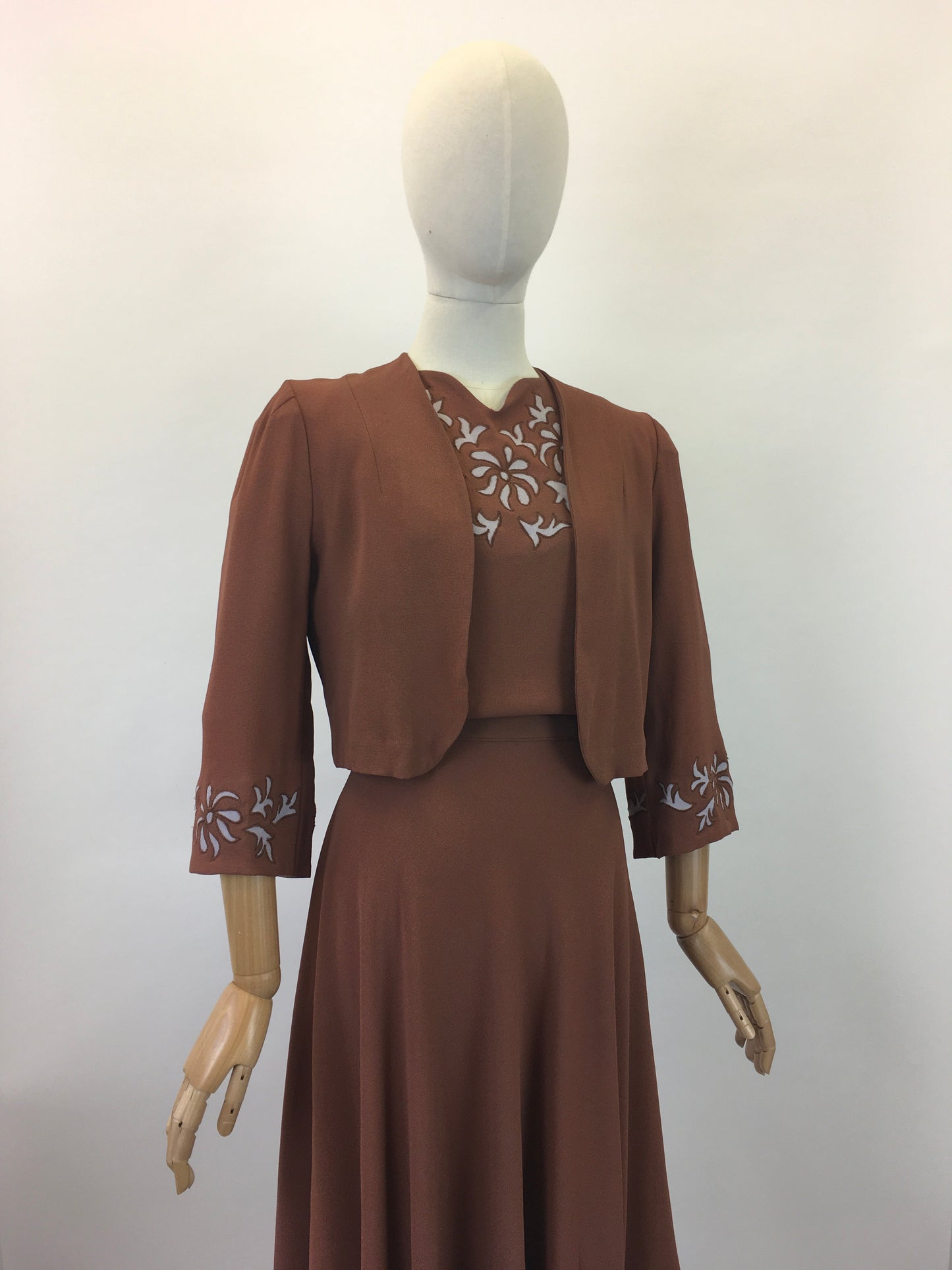 Original 1940's Darling 2Pc Dress & Bolero Set - In A Soft Brown With Grey Accents
