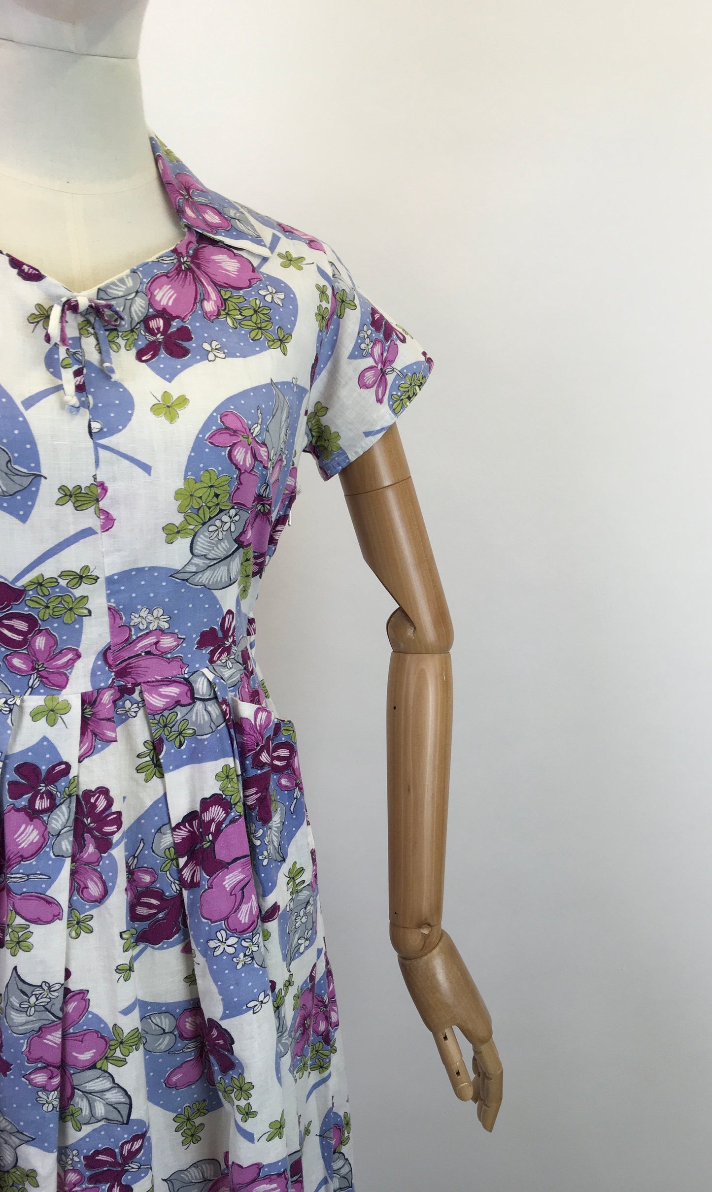 Original 1940's Lovely Cotton Day Dress - In Purple, Pink, Magenta and Green