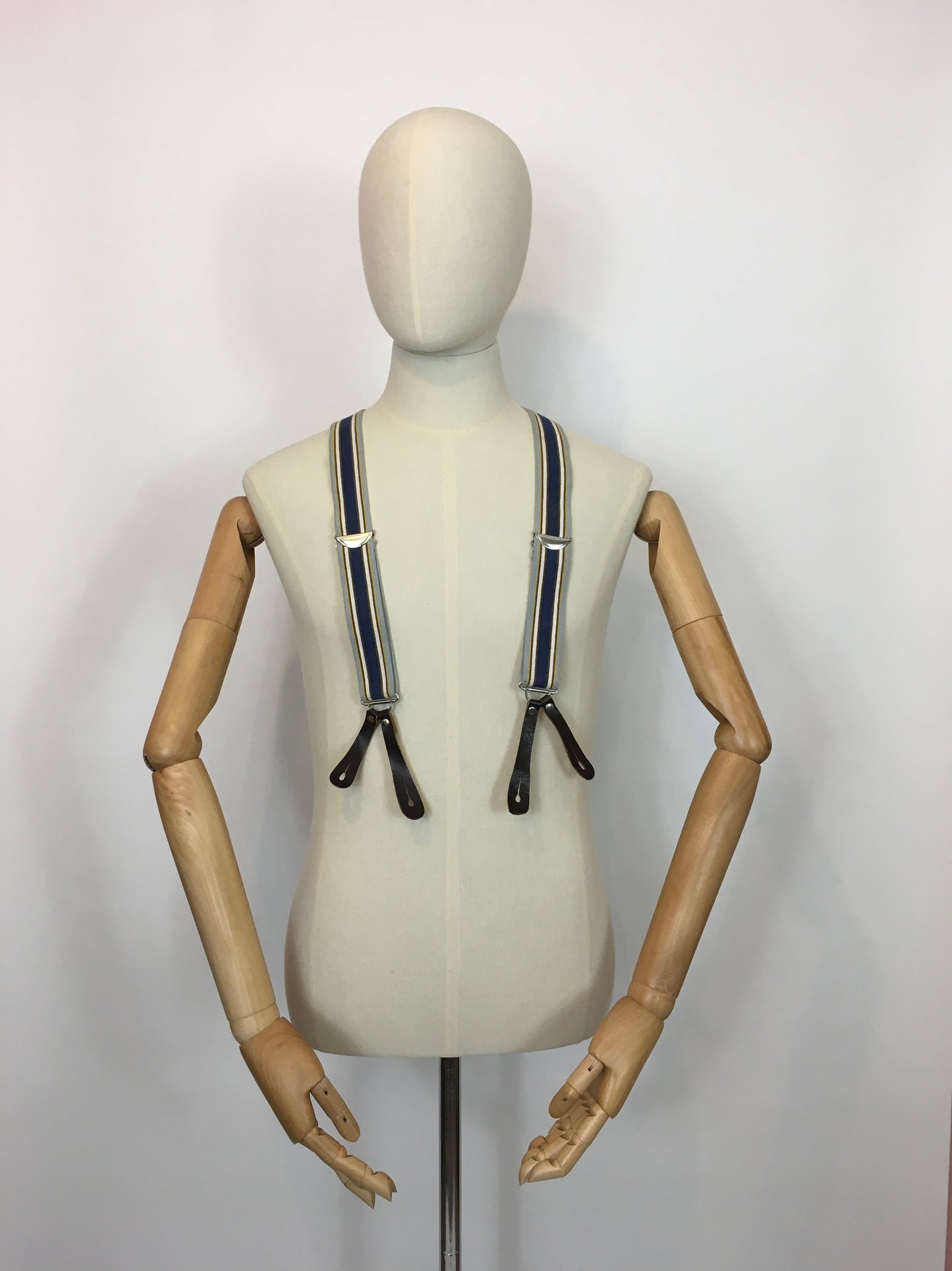 Original 1940s Mens Braces with Brown Leatherwork - In a Blue, Brown and Yellow Stripe