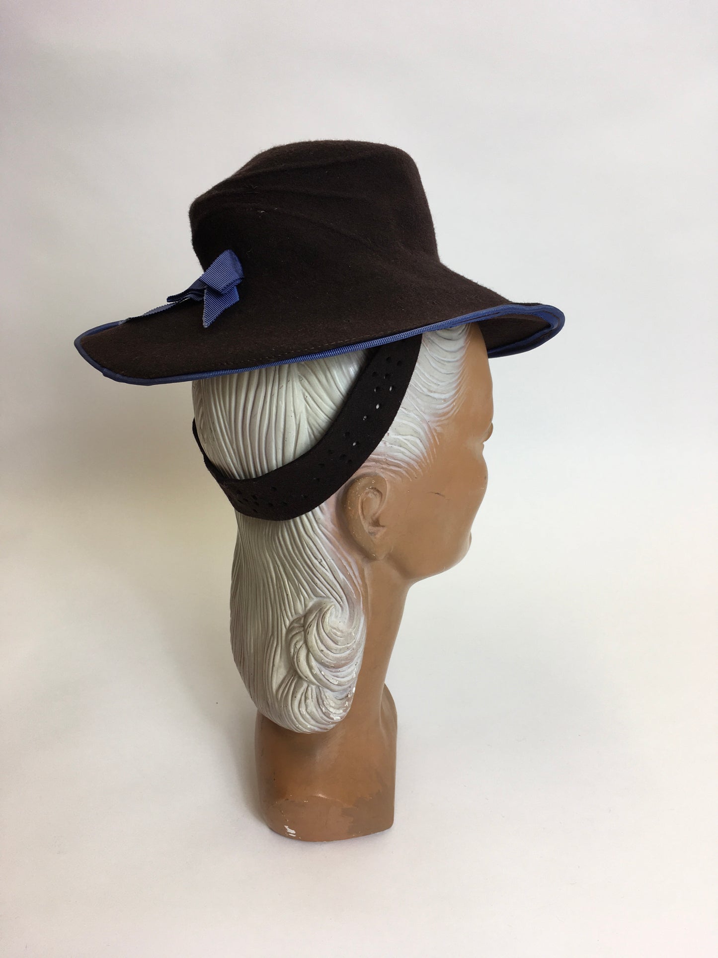 Original 1940’s Brown Felt Topper Hat - Adorned With A Powder Blue Bow