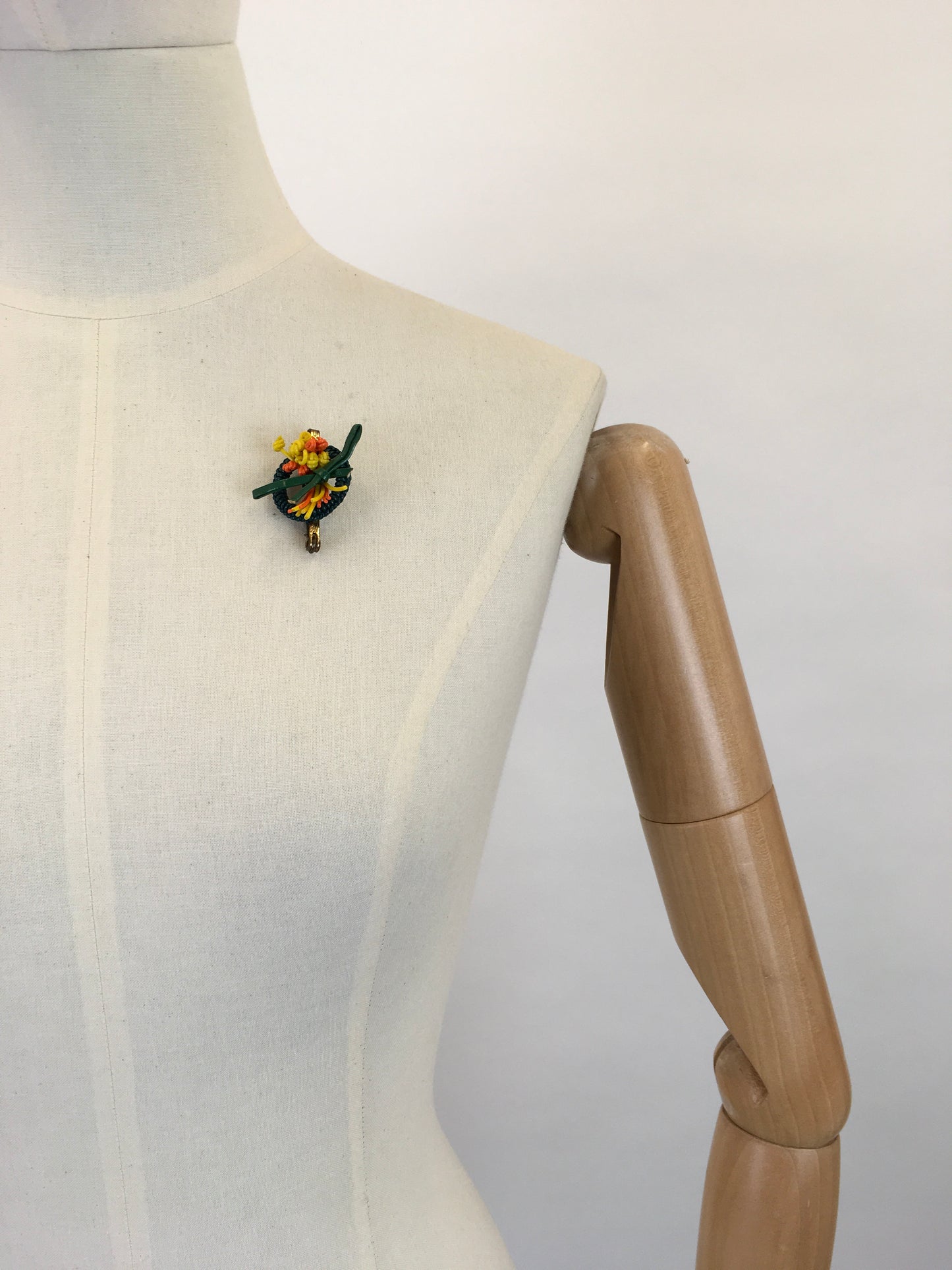 Original 1940s Make Do and Mend Telephone Wire Brooch - In Bright Yellow, Orange and Green