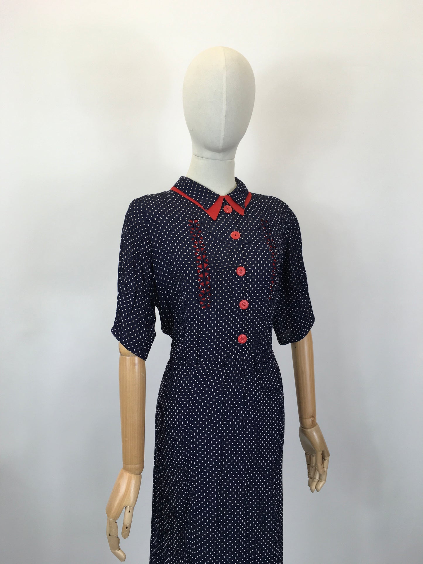 Original 1940's Sensational Volup Rayon Dress - In Navy, White & Red with Contrast Fretwork Embelishment