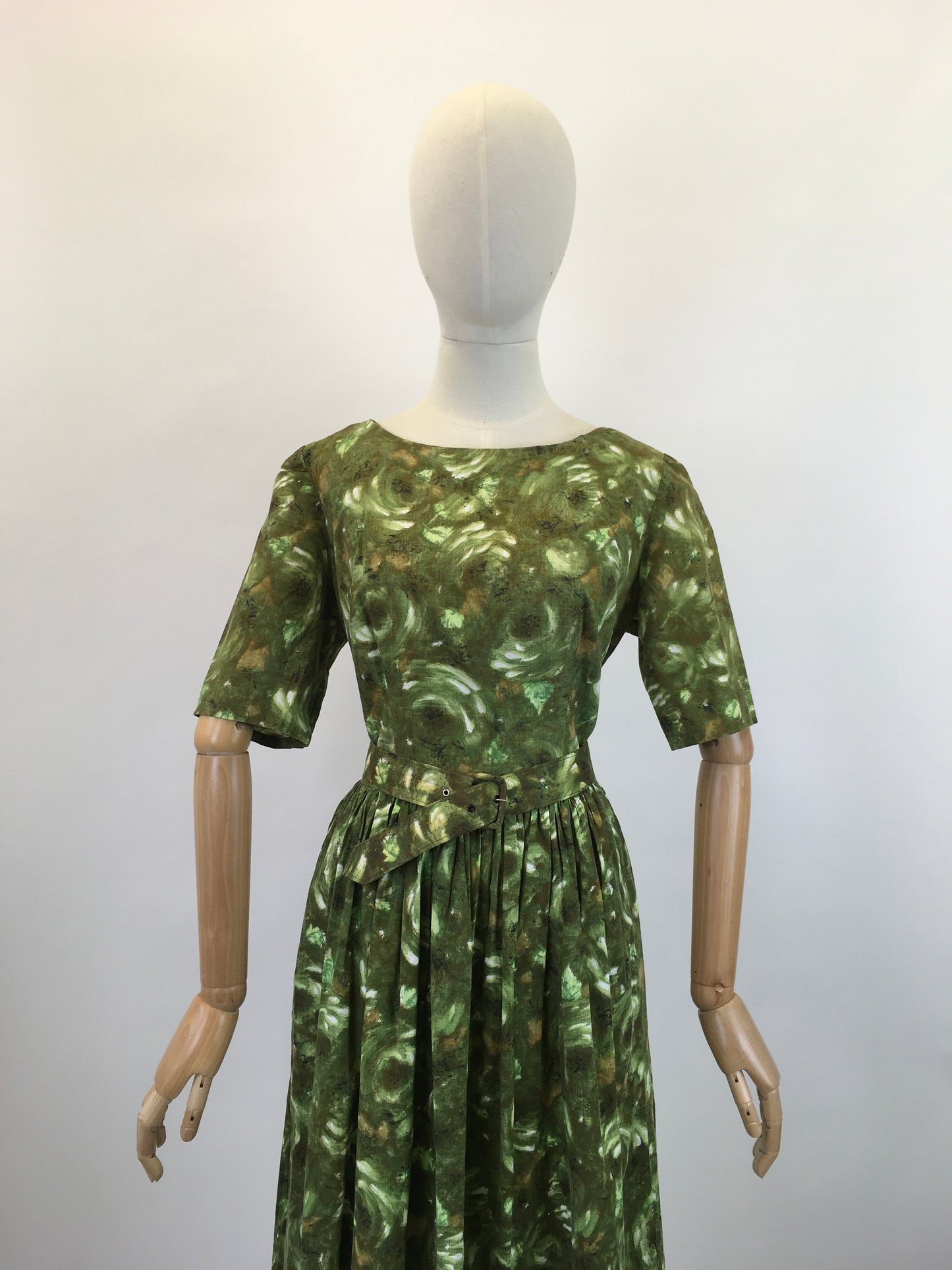 Original 1950's Darling Cotton Day Dress - In Fresh Greens & Chocolate Browns