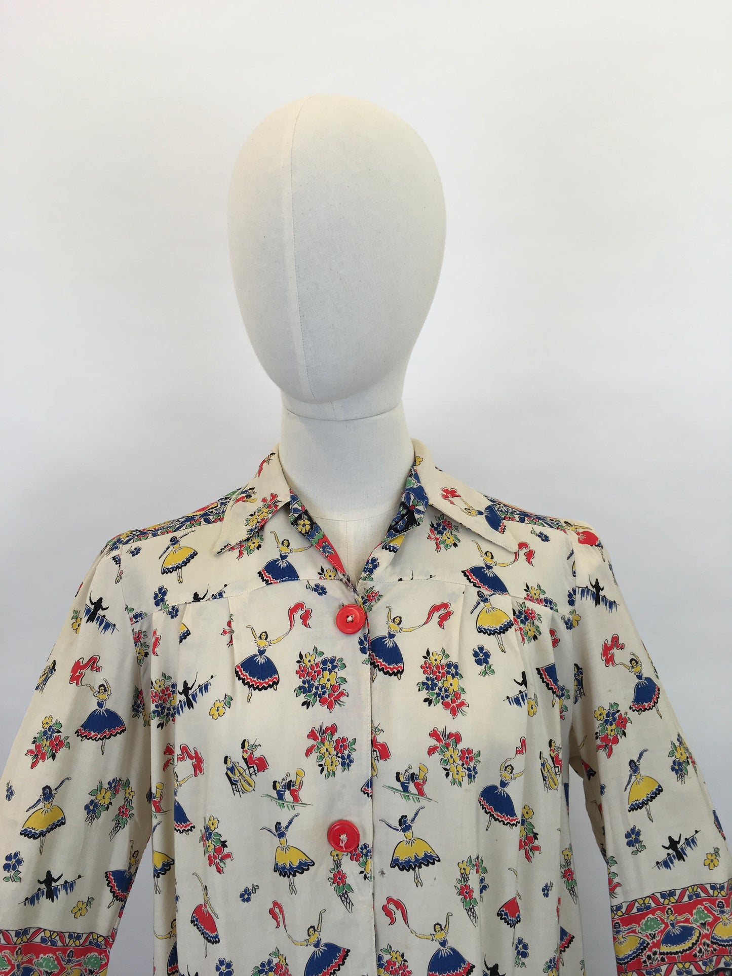 Original 1940s CC41 St. Michael Novelty Print Smock - In Fabulous Dancer Print in Bright Primary Colours