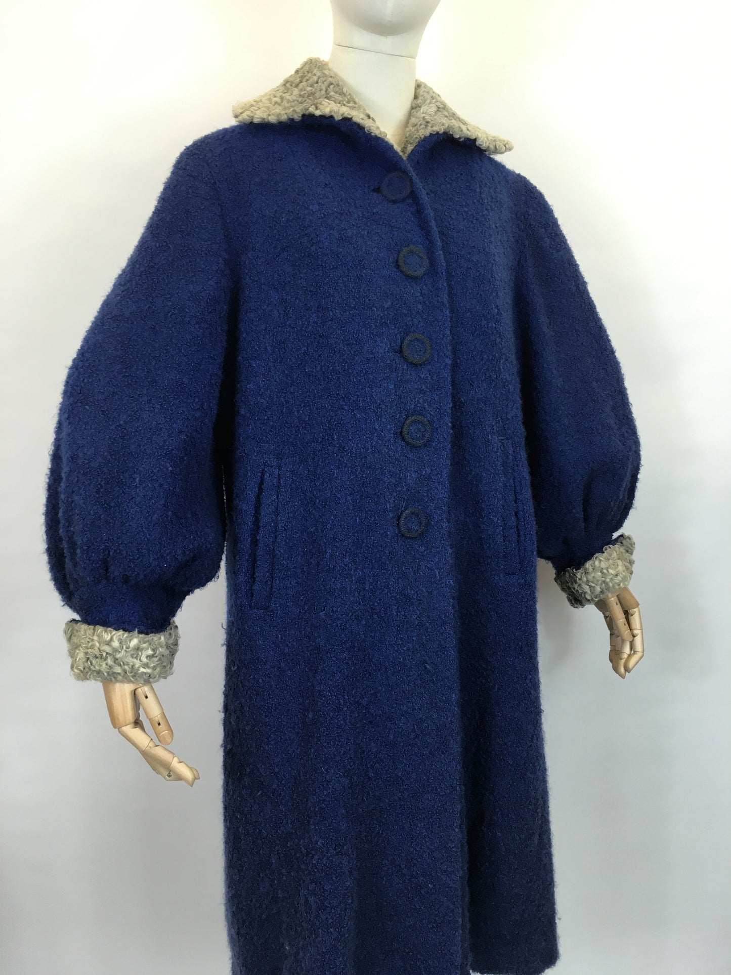 Original 1940’s Amazing Boucle Wool Coat with Astrakhan Trim - In a Royal Blue and Soft Grey