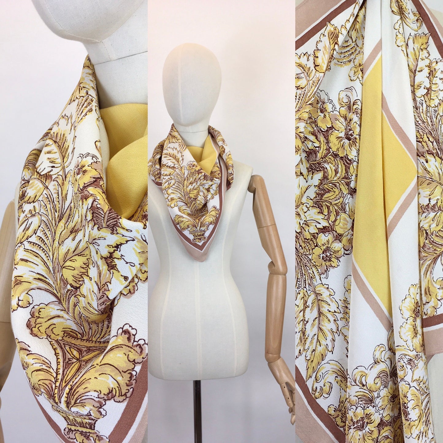 Original 1940s Fine Crepe Scarf - In A Beautiful Floral In Soft Yellows, Fawns, Warm Brown and Creams