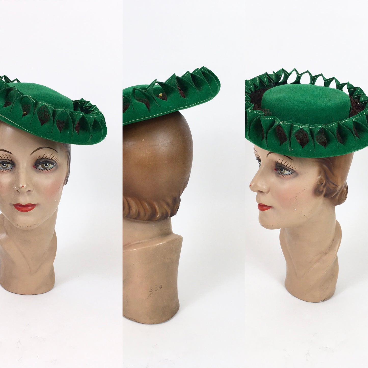 Original 1940’s SENSATIONAL Bottle Green Pancake Hat - With Cutwork and Multi Colour Veiling