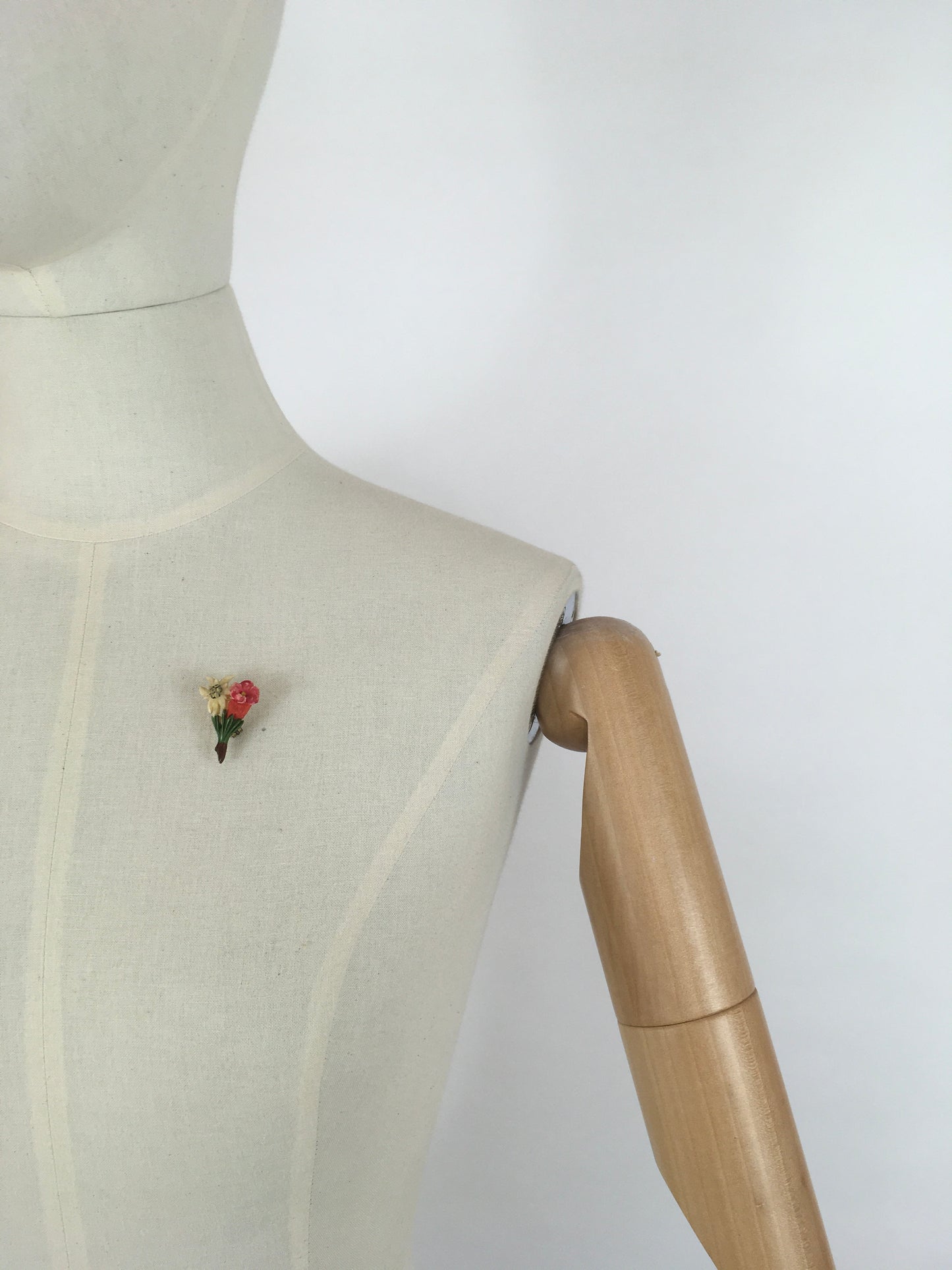 Original 1940s Little Floral Celluloid Brooch - In a Lovely Colour Pallet of Cream, Red and Green