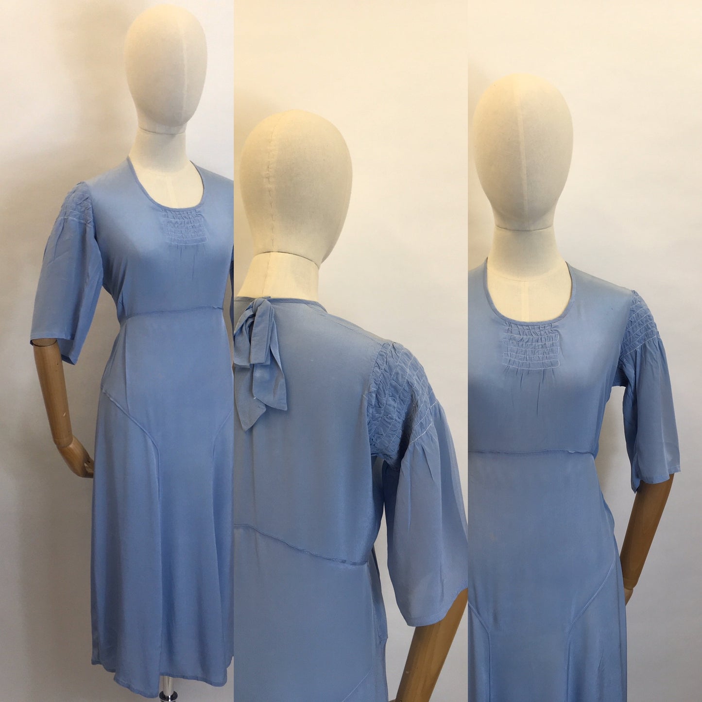 Original 1930's Exquisite Powder Blue Silk Dress - Fabulous Shirred Sleeve Detailing