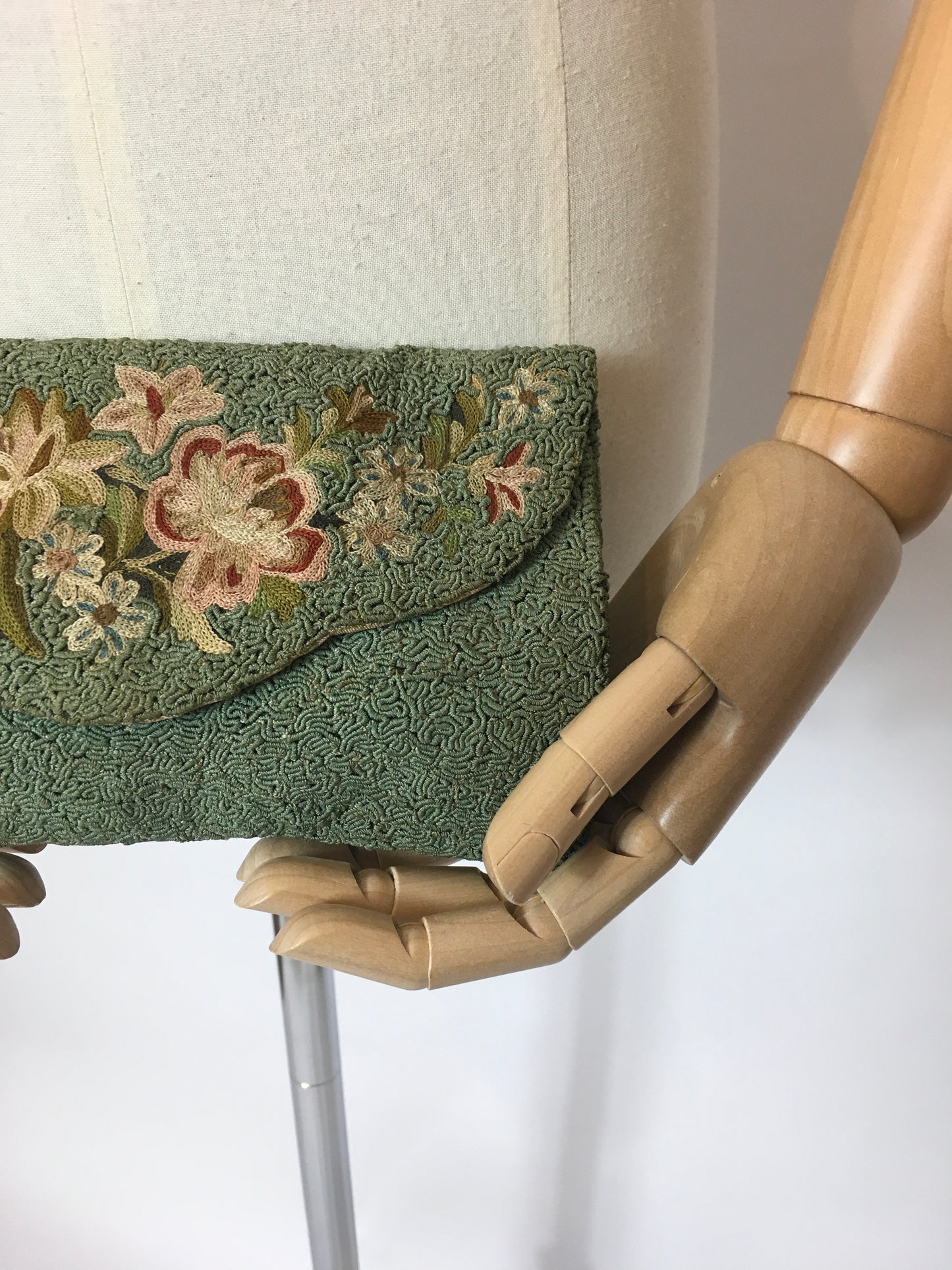 Original Late 1920’s Darling Bag in Eau De Nil Soutache and Pastel Embroidery - Festival of Vintage Fashion Show Exclusive