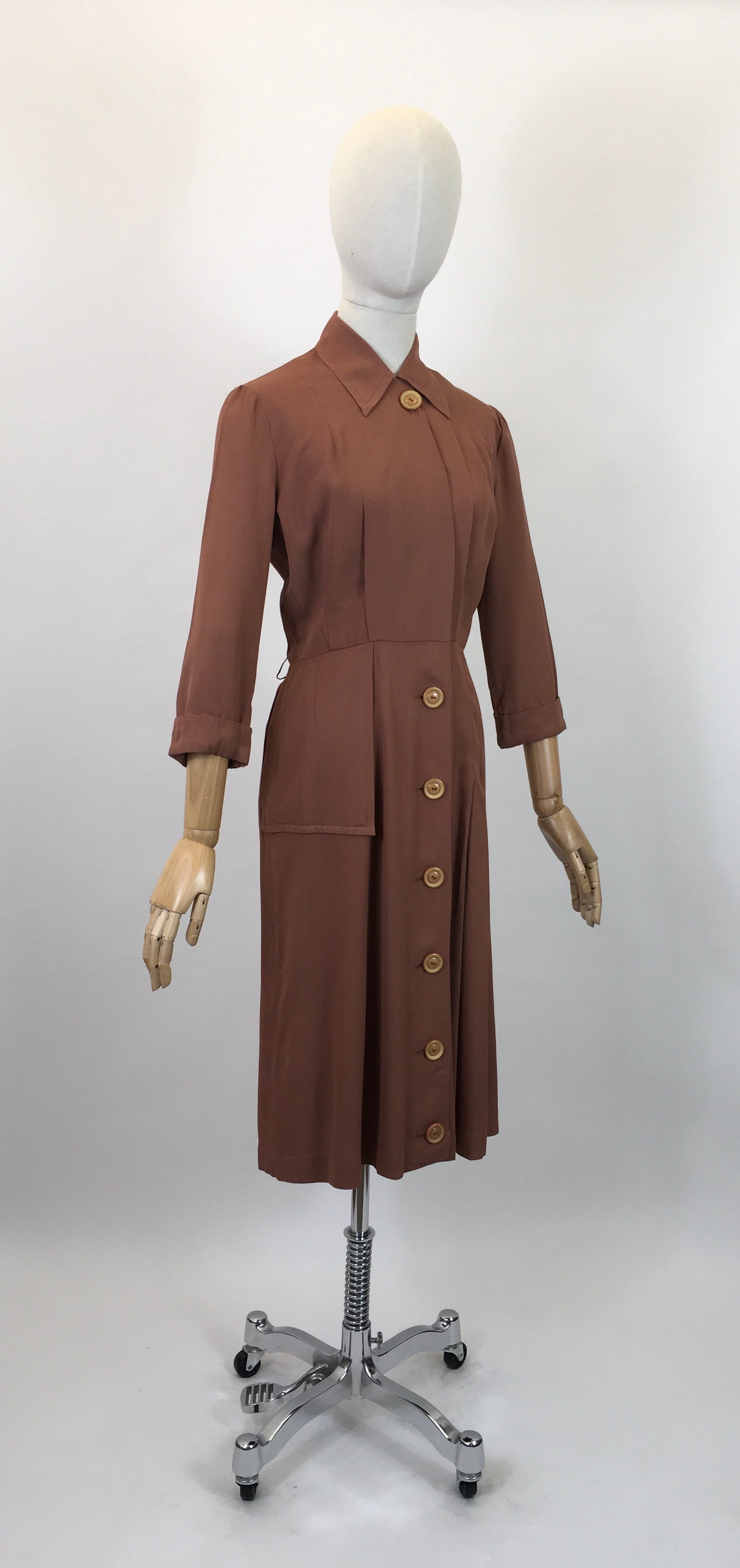 Original 1940's Darling Gaberdine Dress - In A Soft Chestnut Brown