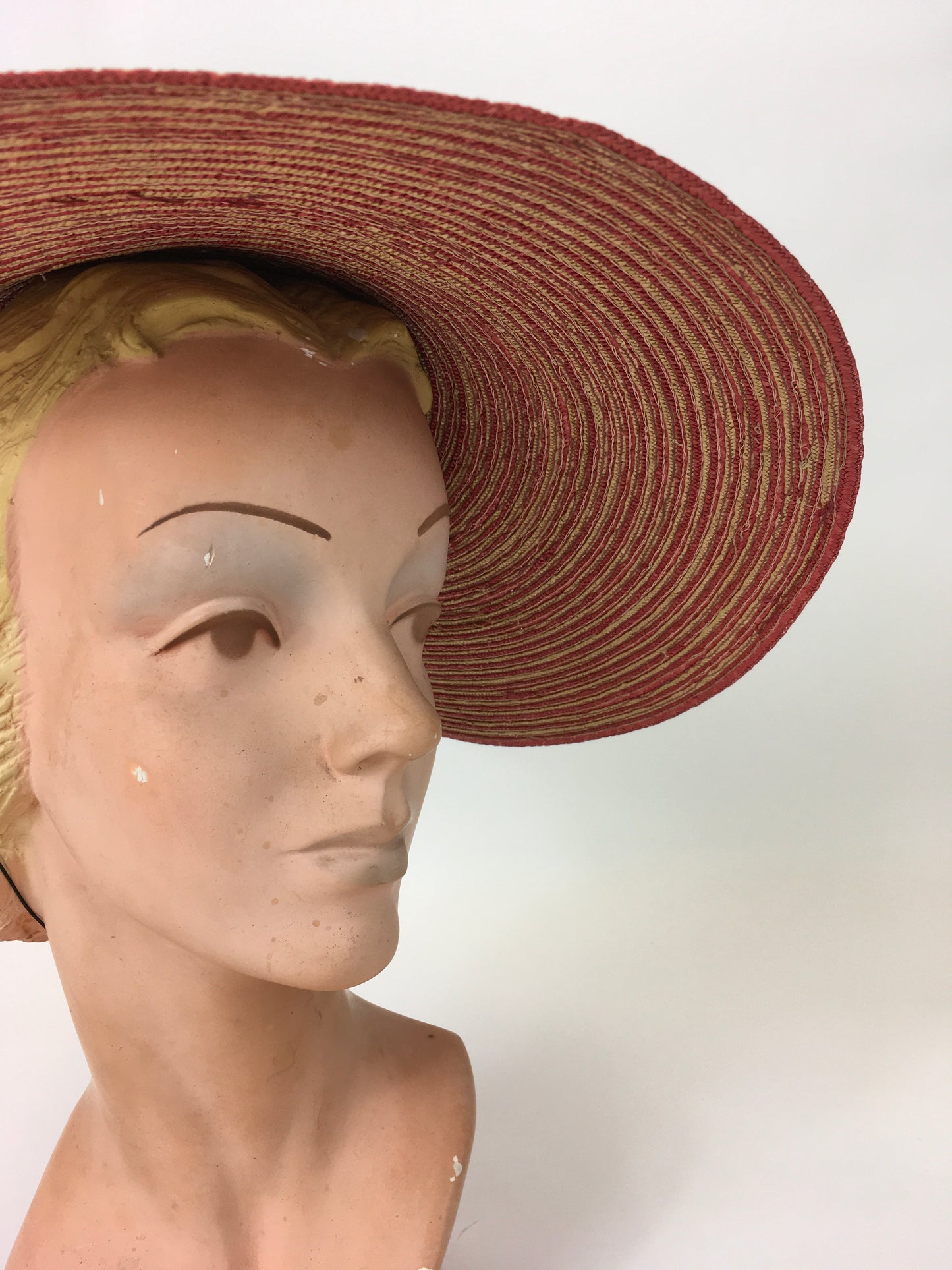 Original 1940’s Wide Straw Sun Hat - In A Beautiful Red & Natural Straw