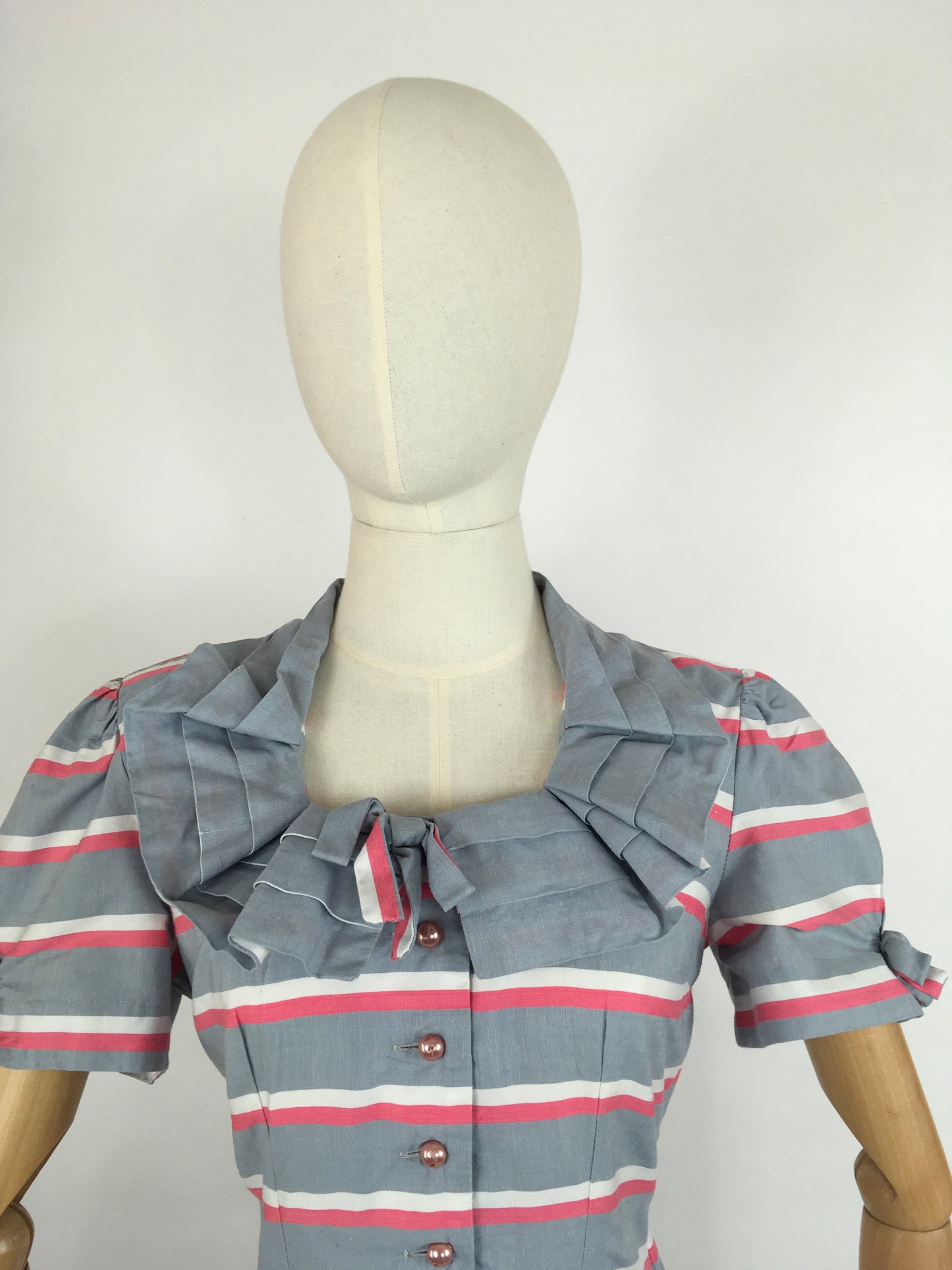 Original Early 1940s Cotton Day Dress - Lovely Stripe In Soft Greys, Bright Pinks and White