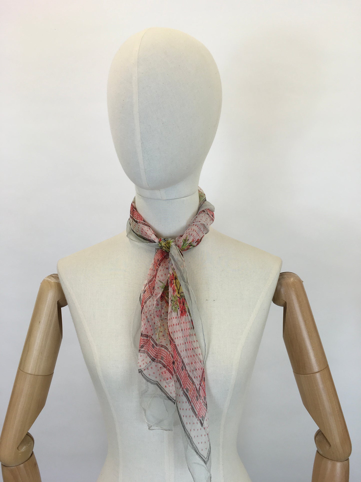 Original Early 1950’s Floral Chiffon Scarf - In Dainty Reds, Yellows, Greens and Blues