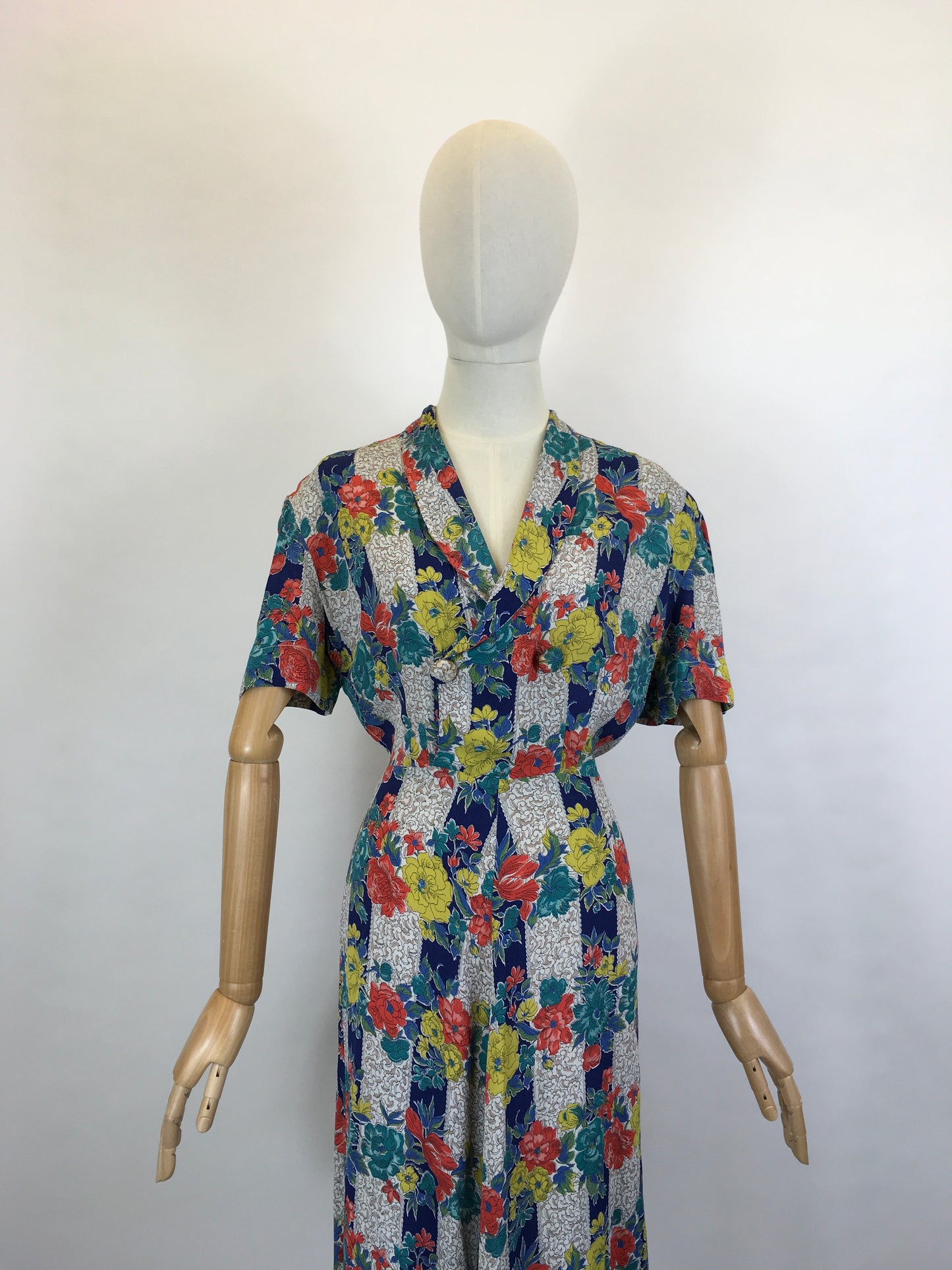 Original 1940’s STUNNING Fine Crepe Day Dress - Floral Brights in Reds, Blues, Chartreuse, Peacock and Fawns