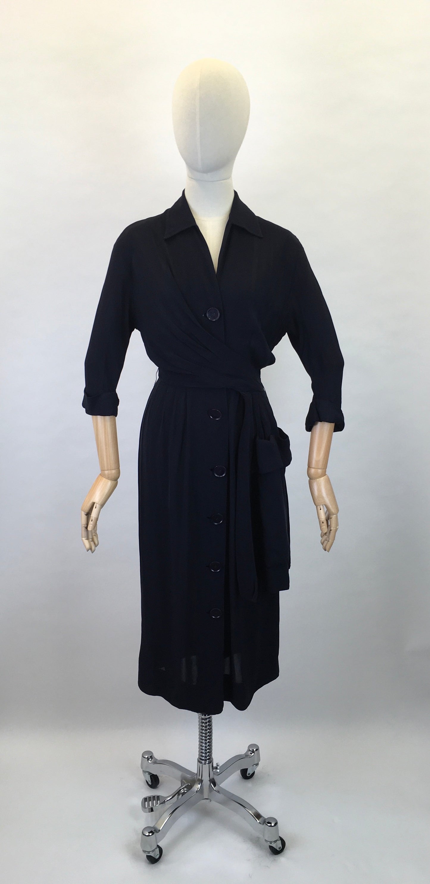 Original 1940s Stunning ‘ Herbert Stonheim ‘ Couture Dress - In a Navy Sheer Rayon with Wrap Hip Swag and Pocket