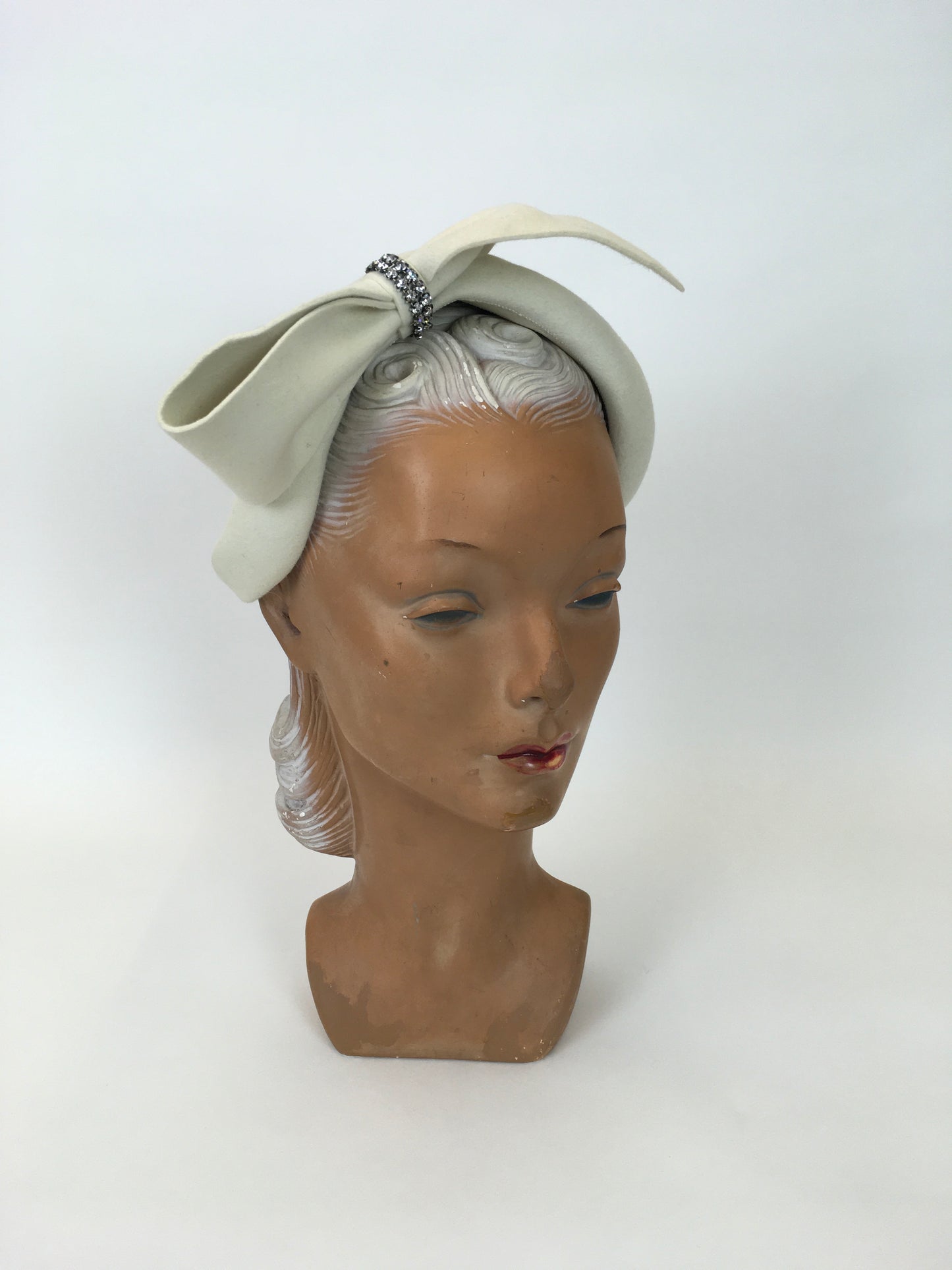 Original 1959’s Ivory Felt Hat - With Diamanté Paste Embellishment to The Big Bow Front