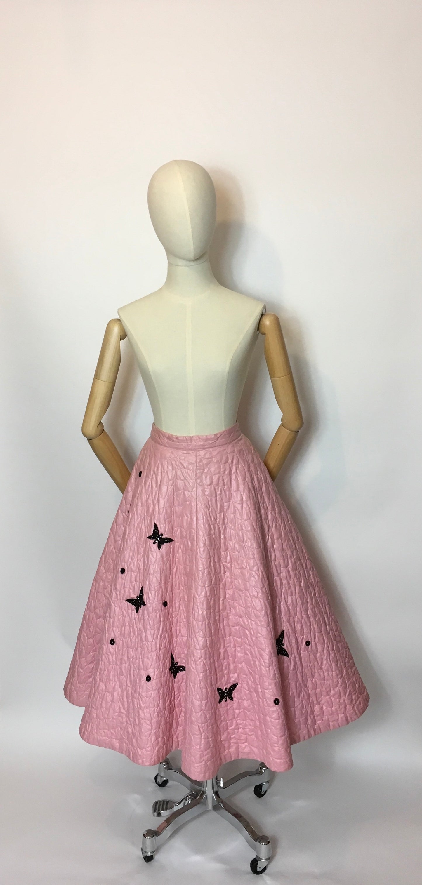 Original Darling 1950's quilted full circle skirt - In a Cute pink featuring black embelished Butterflies