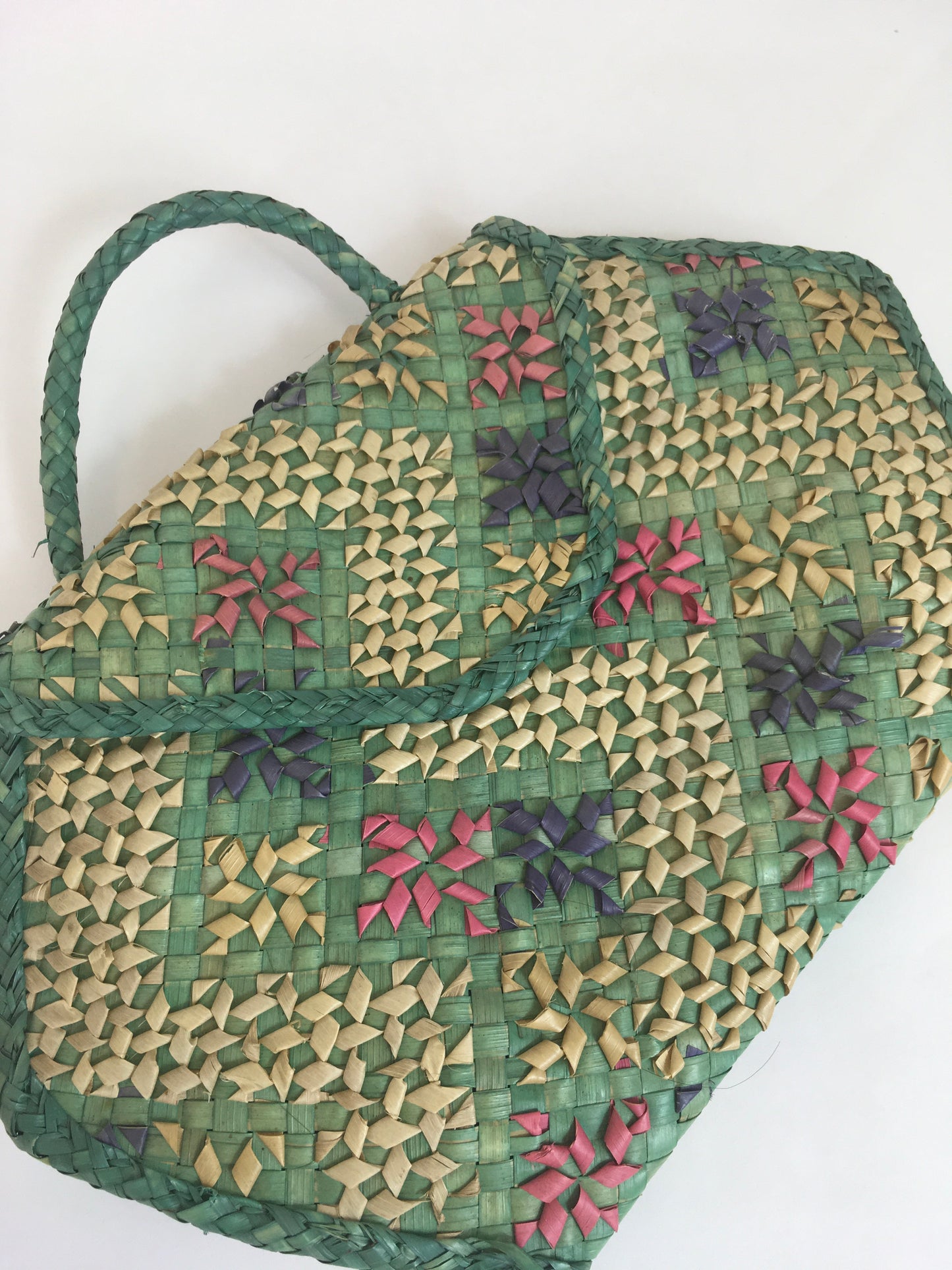 Original 1930’s Eau De Nil Raffia Handbag - With Delicate Rose, Lilac and Beige Hints