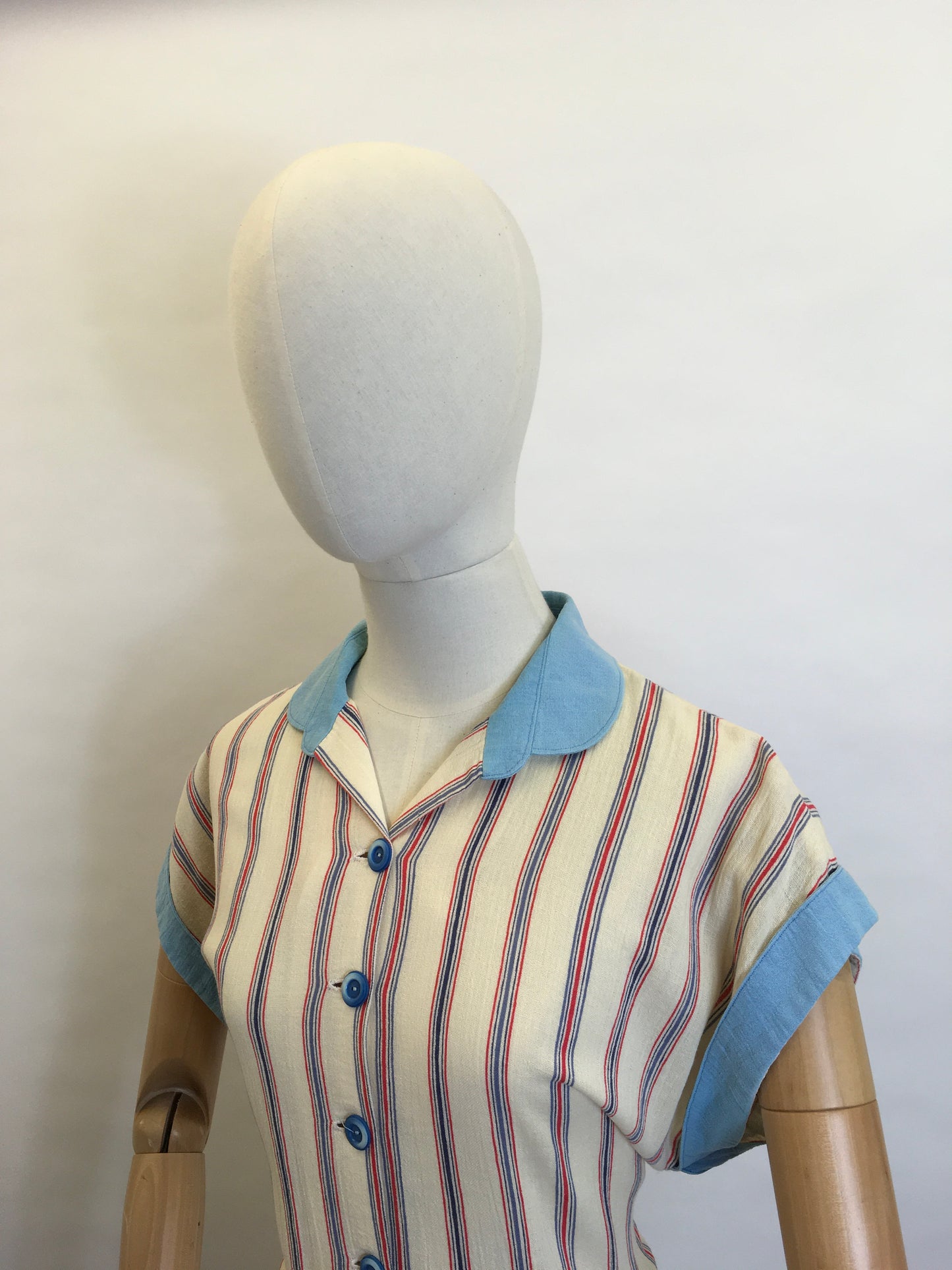 Original 1940’s Striped Day Dress - Lovely Cheesecloth fabric in Patriotic Colour Palette