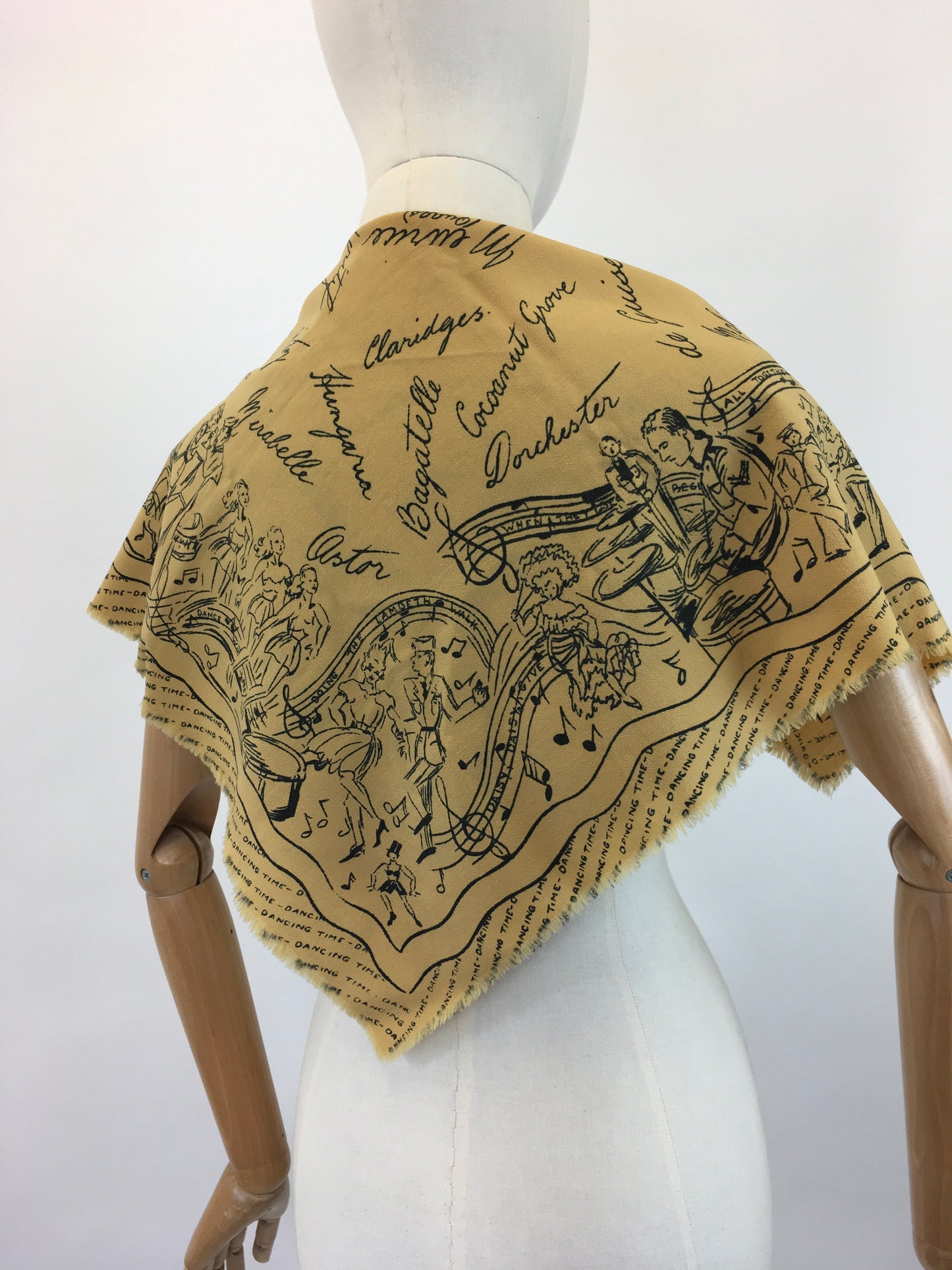 Original 1940's RARE Wartime Dance ' By Roy Thirkell' Scarf - In A Golden Yellow With Black Detailing