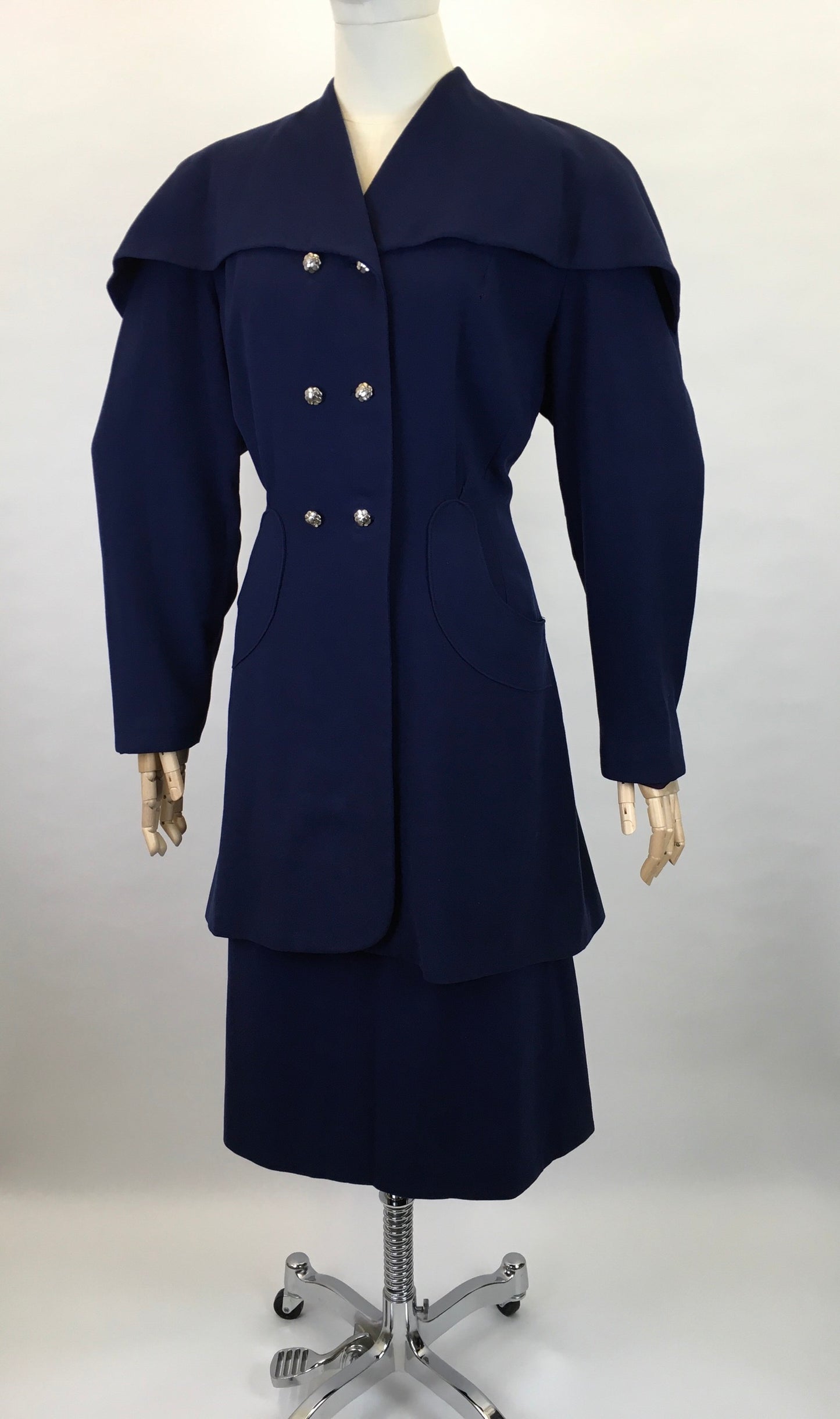Original 1940s STUNNING Navy 2 pc Suit - With PHENOMENAL Long Line Silhouette and Cape Style Overlay