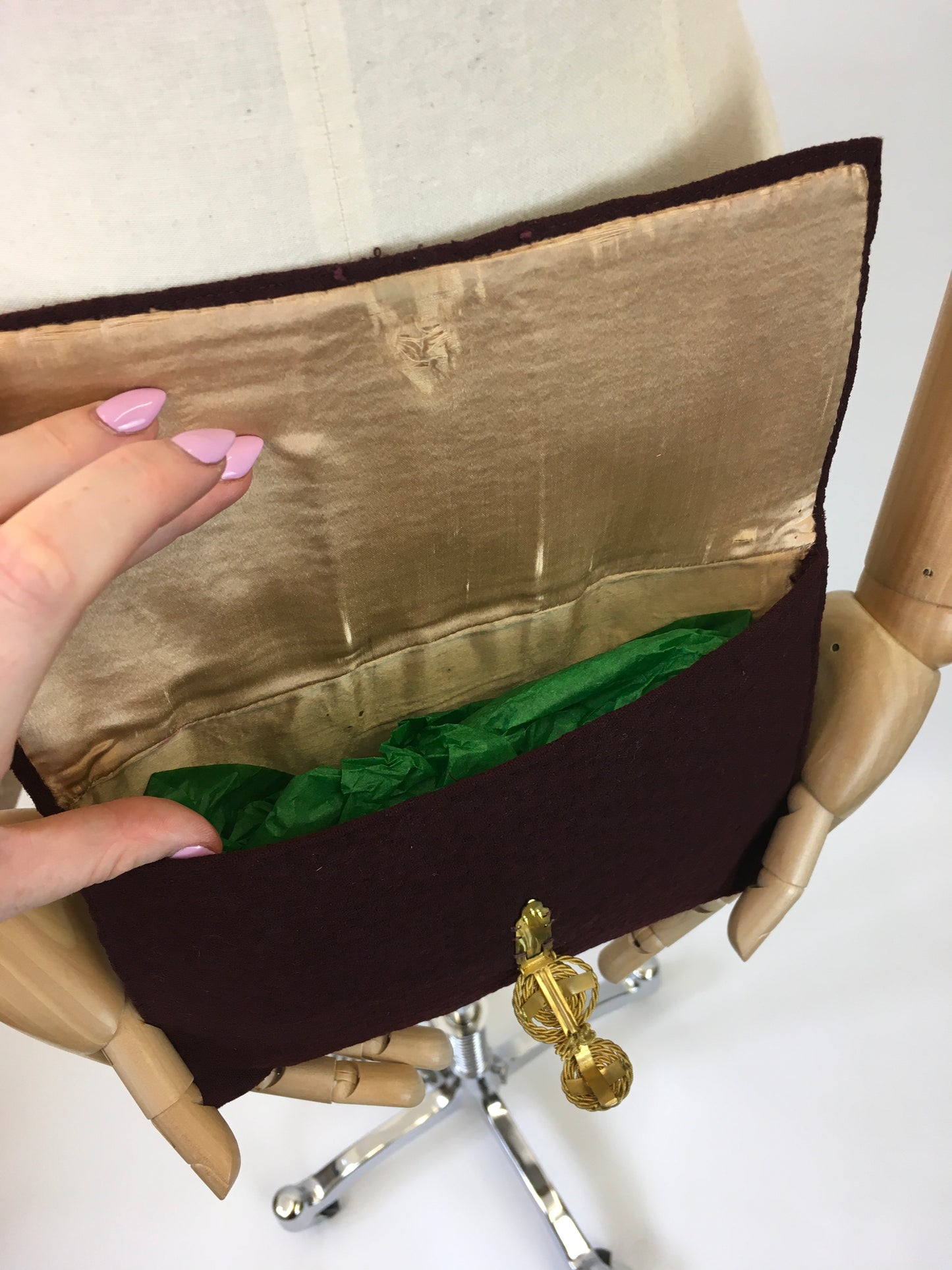 Original Darling 1930's Textured Crepe Clutch Bag - In A Deep Wine With Gold Clasp