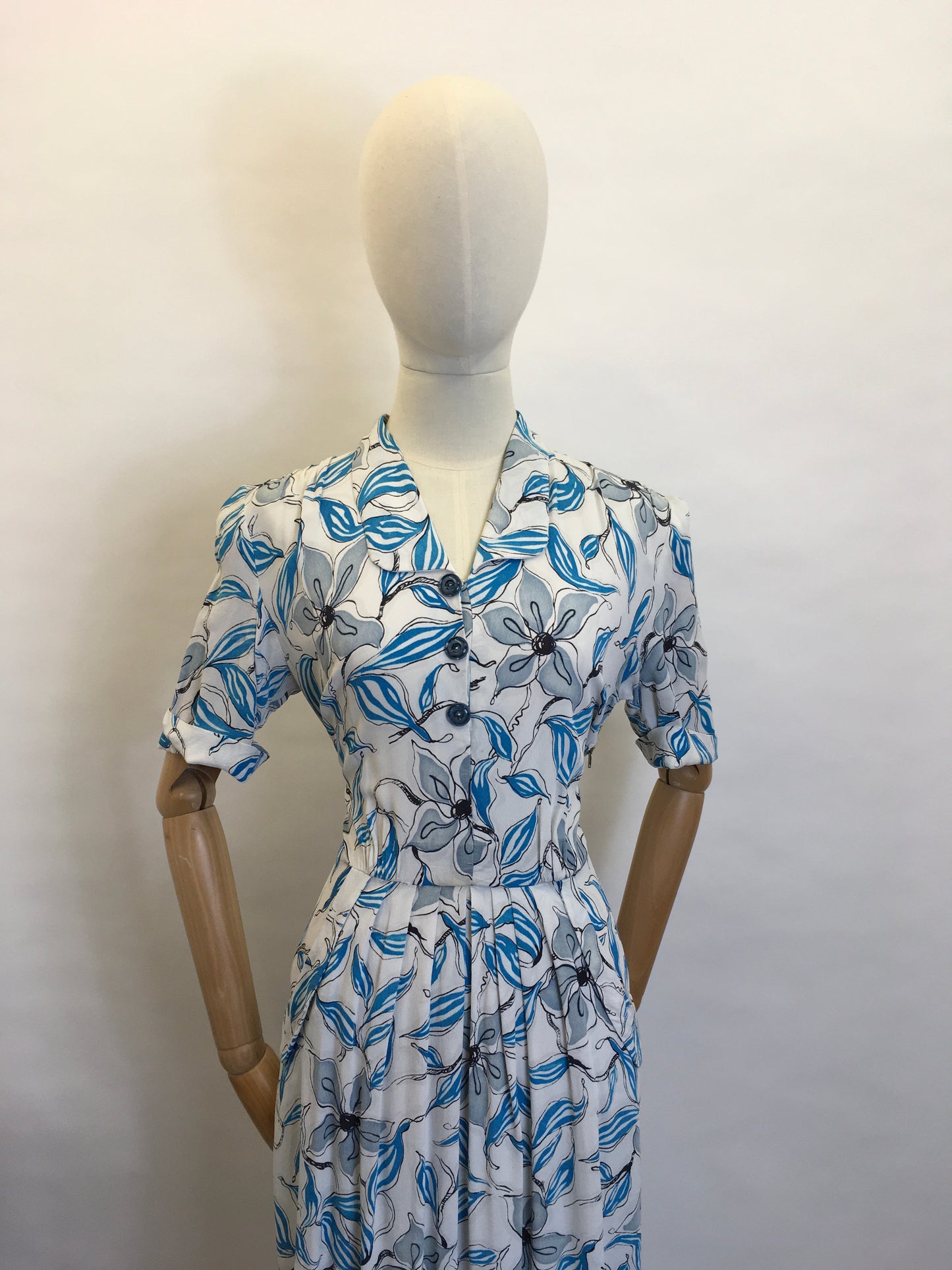 Original 1940’s Crepe Day Dress - Lovely Stencilled Floral in Blues, Blacks and Slate Greys