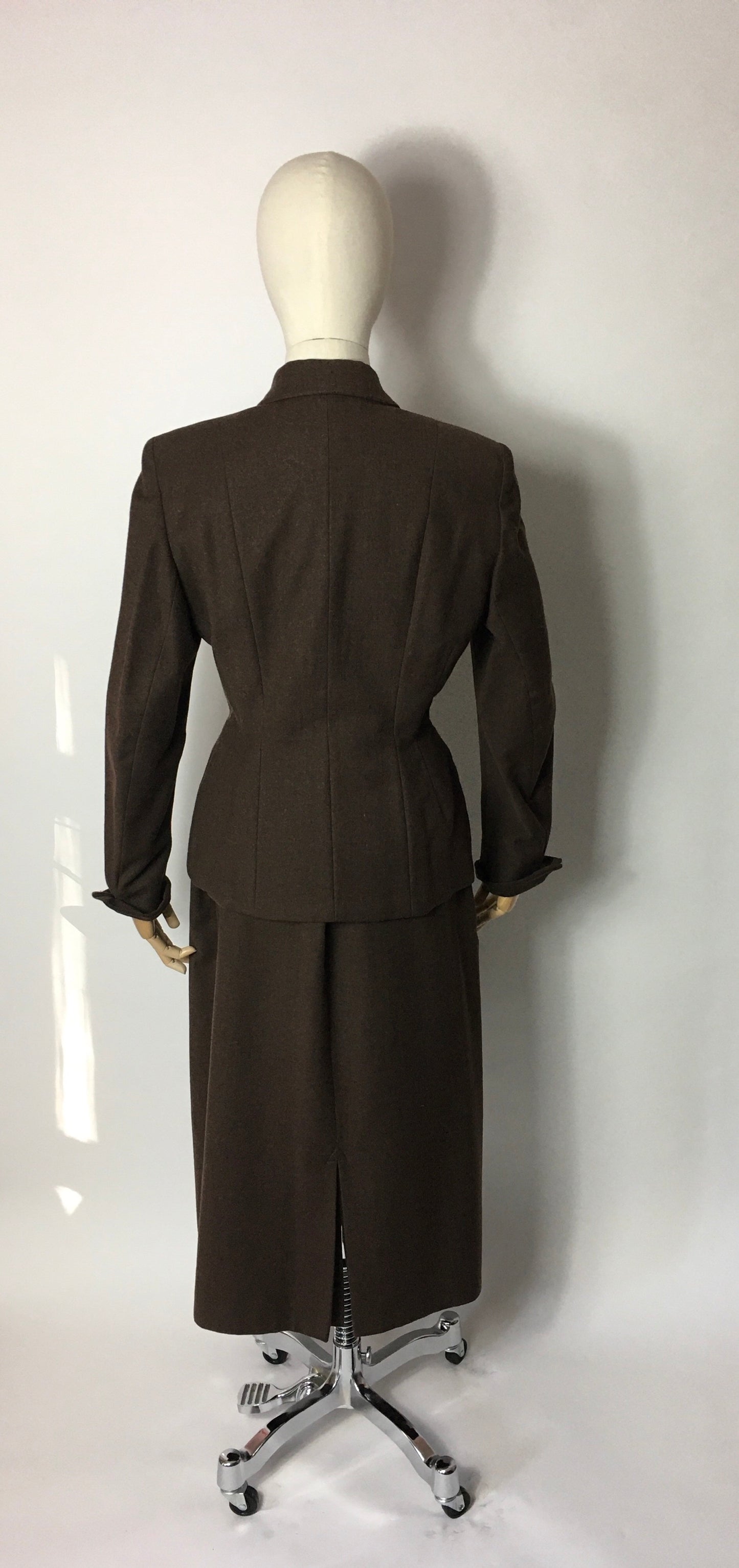 Original 1940’s 2pc Suit in A Lovely Brown Wool, Stunning Detailing and Seamwork