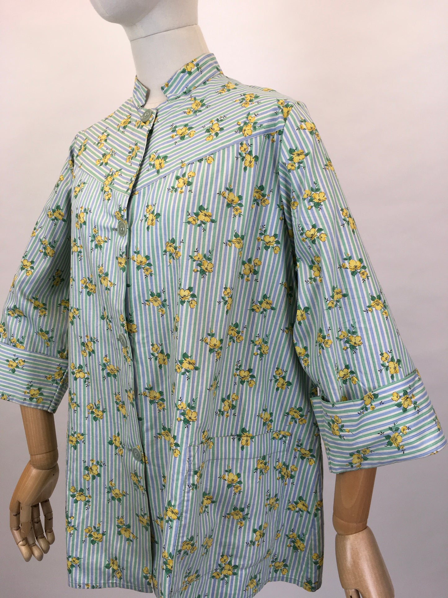 Original 1950s Smock Made By ‘ Country Reg’d ‘ - In a Lovely Contrast Floral and Stripe in Soft Greens, Blues and Buttercup Yellows