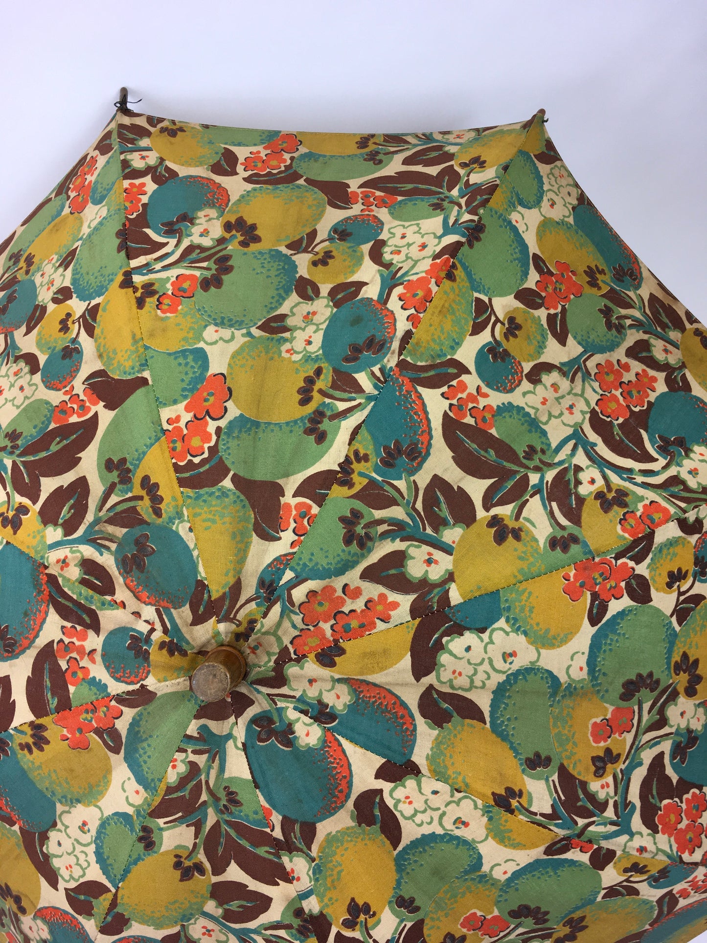 Original 1930s Sun Parasol in a Stunning Floral and Fruit Cotton - In Deco Oranges, Greens, Chartreuse and Teal