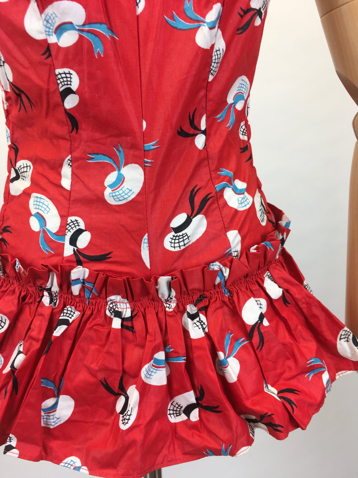 Original 1950s early 1960’s Deadstock ‘ Aquapoise’ Novelty Swimsuit - In a Fabulous Hat Print on Lipstick Red Cotton