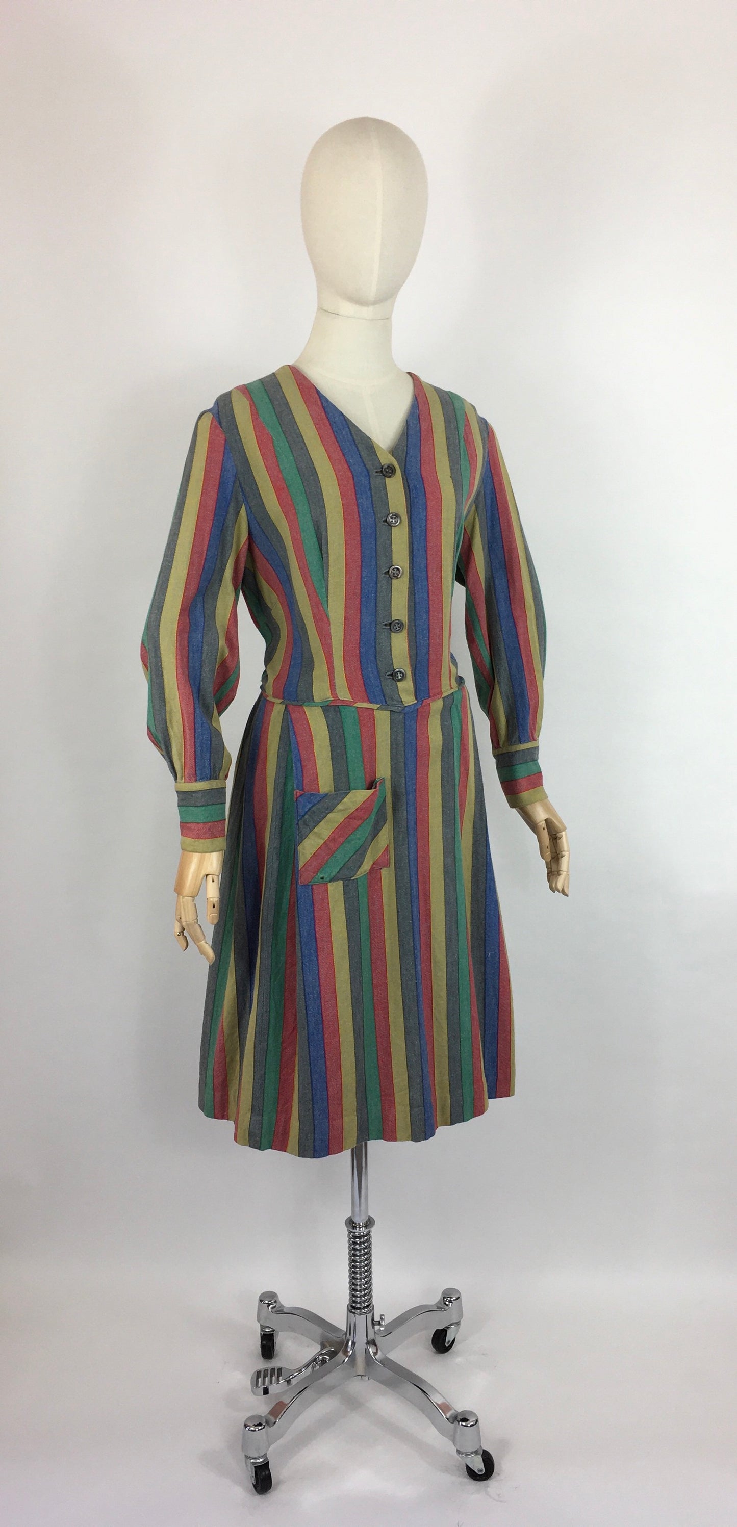 Original Late 1930s Day Dress - In a Fabulous Heavyweight Linen in a Rainbow Stripe with Contrast Chevron Pattern