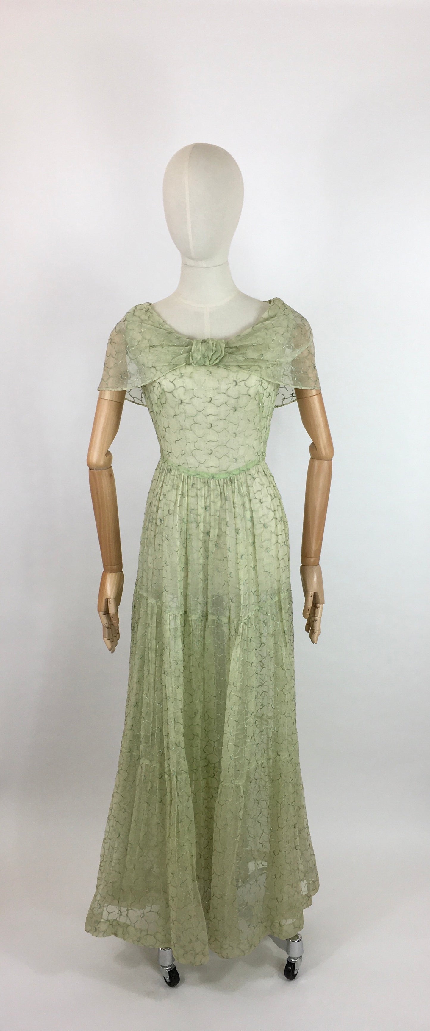 Original 1930s Full Length Summer Dress - In a Beautiful Soft Green Embroidered Cotton Lawn