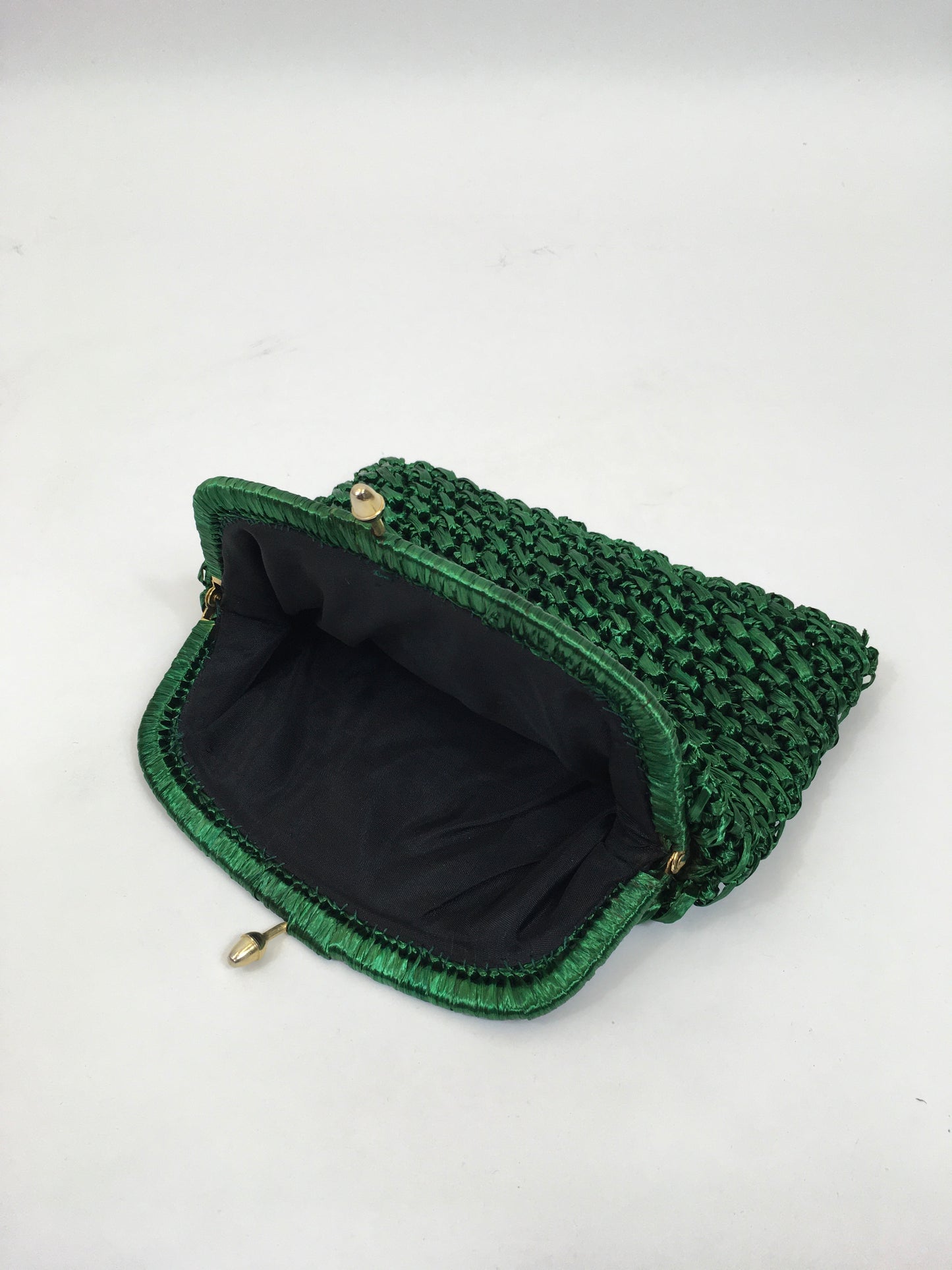 Original 1950's Fabulous Raffia Clutch Bag - In Forest Green with Gold Acorn Clasp
