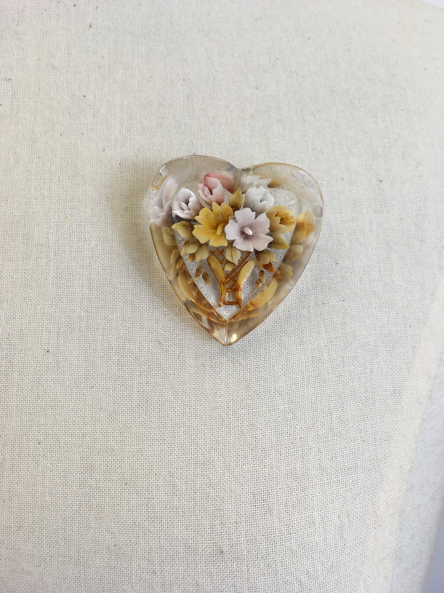 Original late 1940’s early 1950s Lucite Brooch - Heart shaped with a Floral Bouquet
