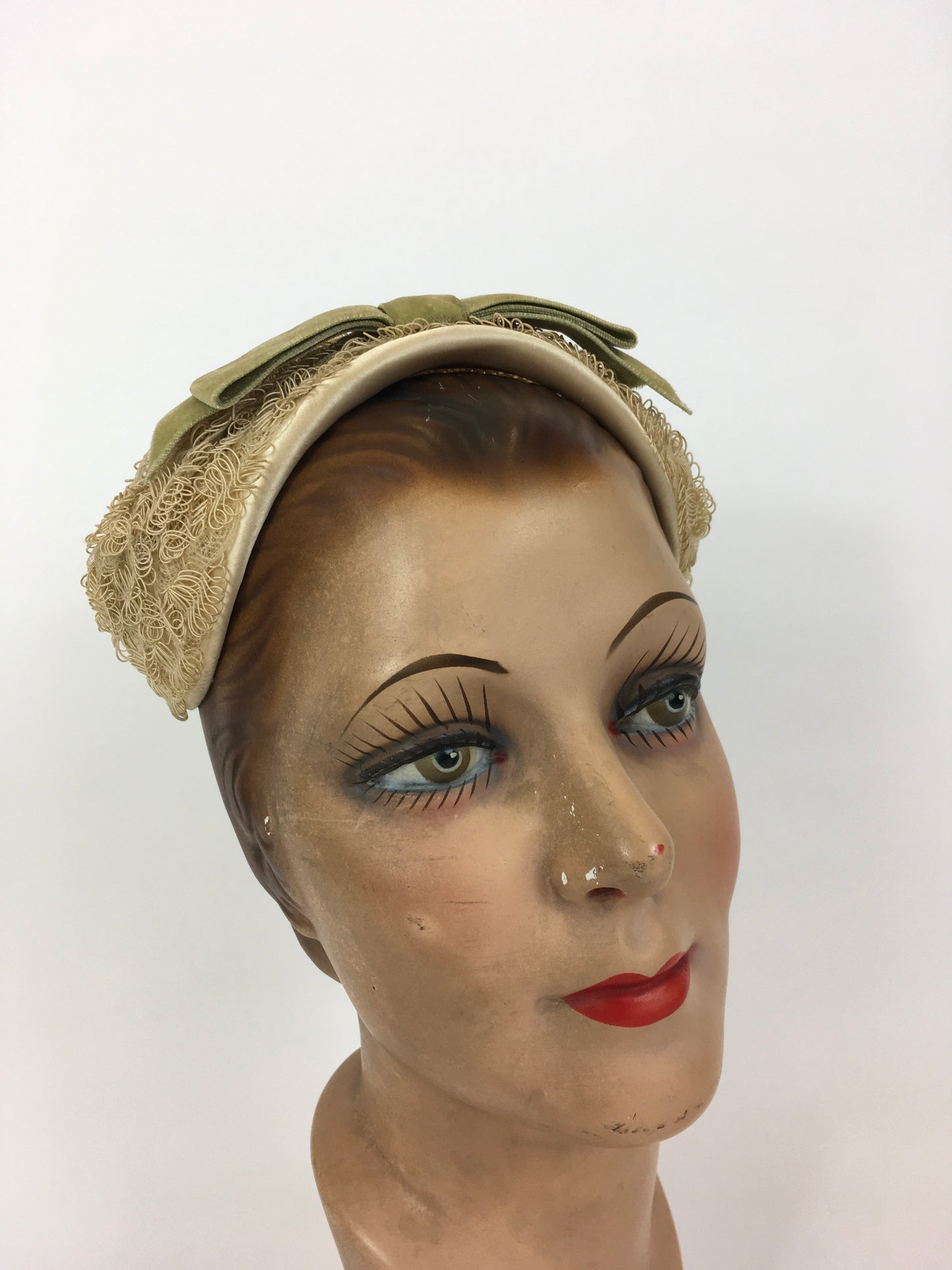 Original 1950’s Darling Headpiece - In A Soft Straw Colour with Contrast Rich Green Velvet Bow Detailing