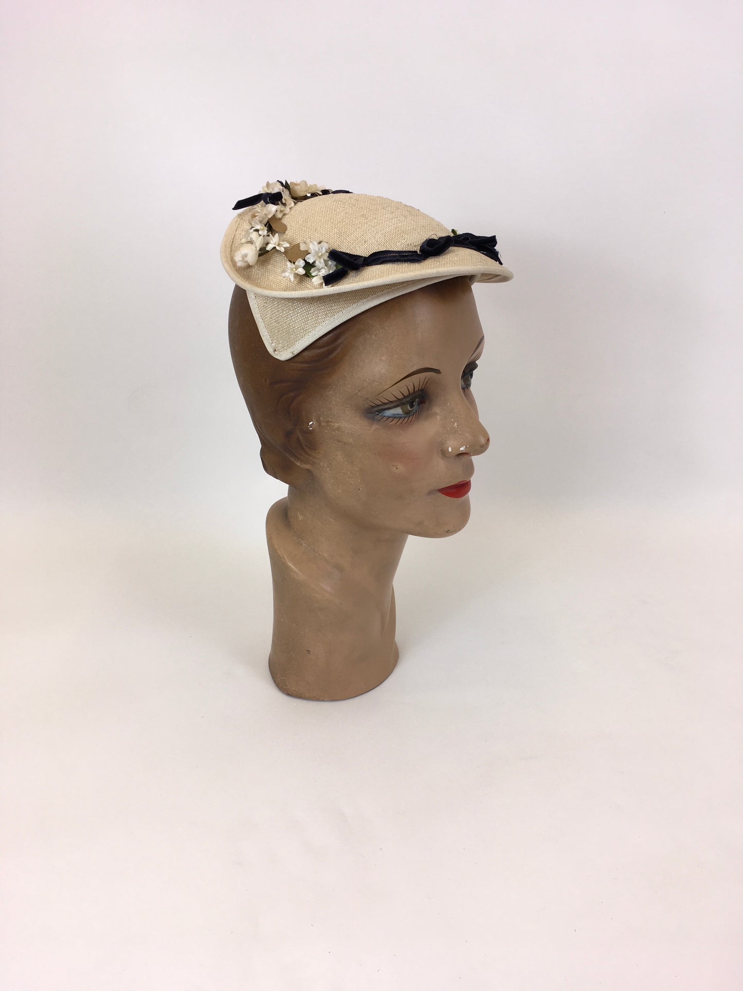 Original 1950’s Darling Natural Straw Headpiece - With Millinery Flora and Navy Velvet Bows