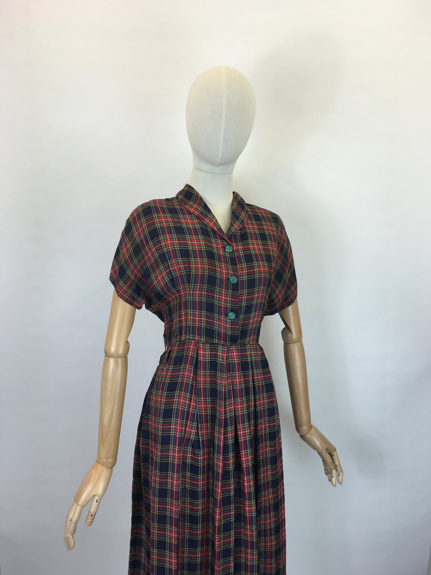 Original 1940’s Plaid Dress - In Rich Blues, Burgundy’s, Old Gold and Forest Greens