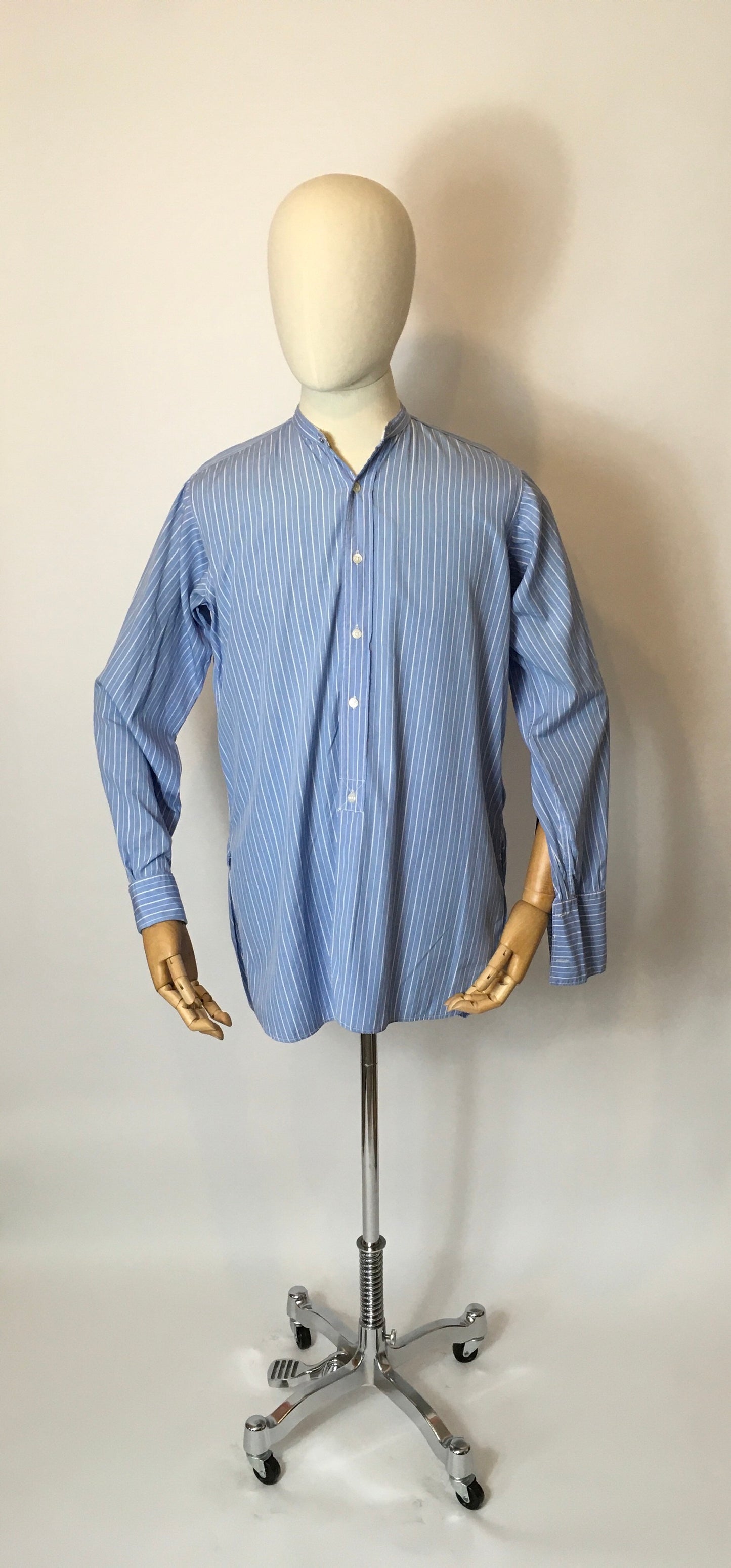 Original 1940’s CC41 Utility St Michael Collarless Shirt - In a Lovely Blue and White Stripe